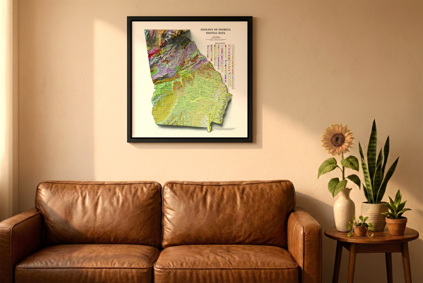 Georgia vintage relief map in a black frame above a brown leather sofa. Boho living room with warm sunlight, sunflower, and indoor plants on a wooden side table
