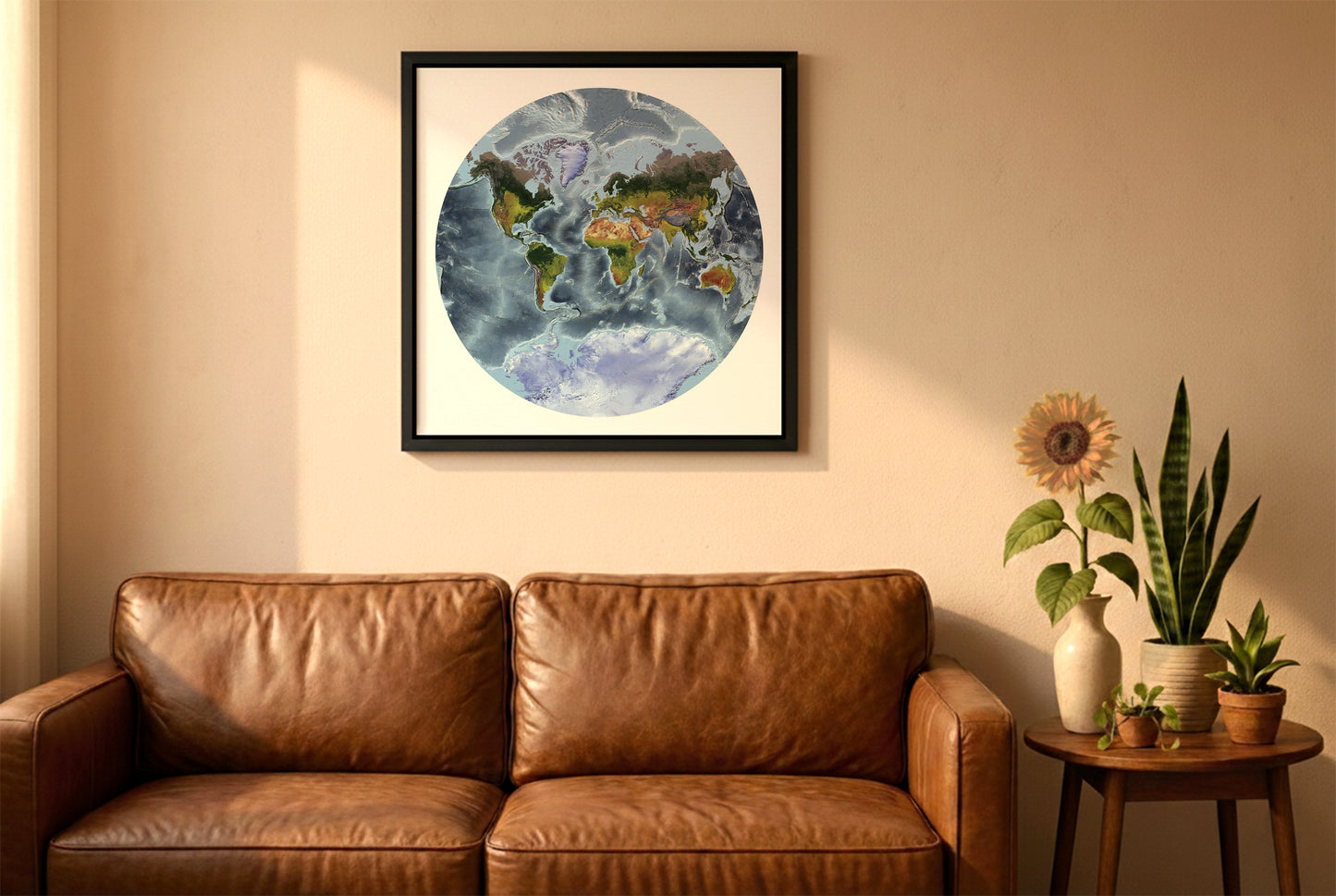 World relief map in Van der Grinten projection in a black frame above a brown leather sofa. Boho living room with warm sunlight, sunflower, and indoor plants on a wooden side table