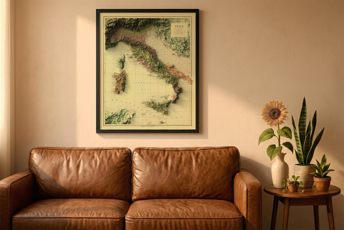 Italy vintage relief map in a black frame above a brown leather sofa. Boho living room with warm sunlight, sunflower, and indoor plants on a wooden side table