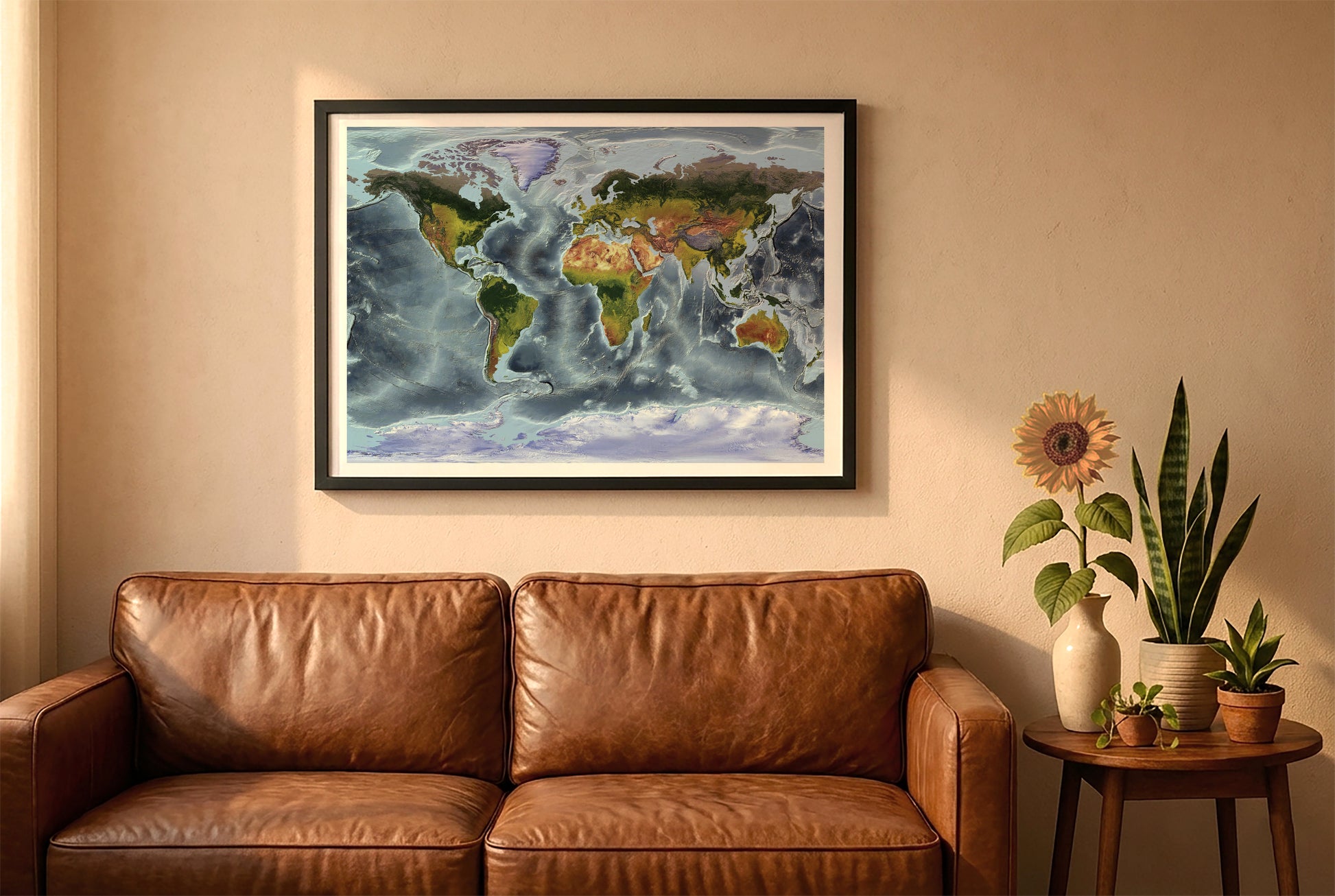 World relief map in gall stereographic projection in a black frame above a brown leather sofa. Boho living room with warm sunlight, sunflower, and indoor plants on a wooden side table