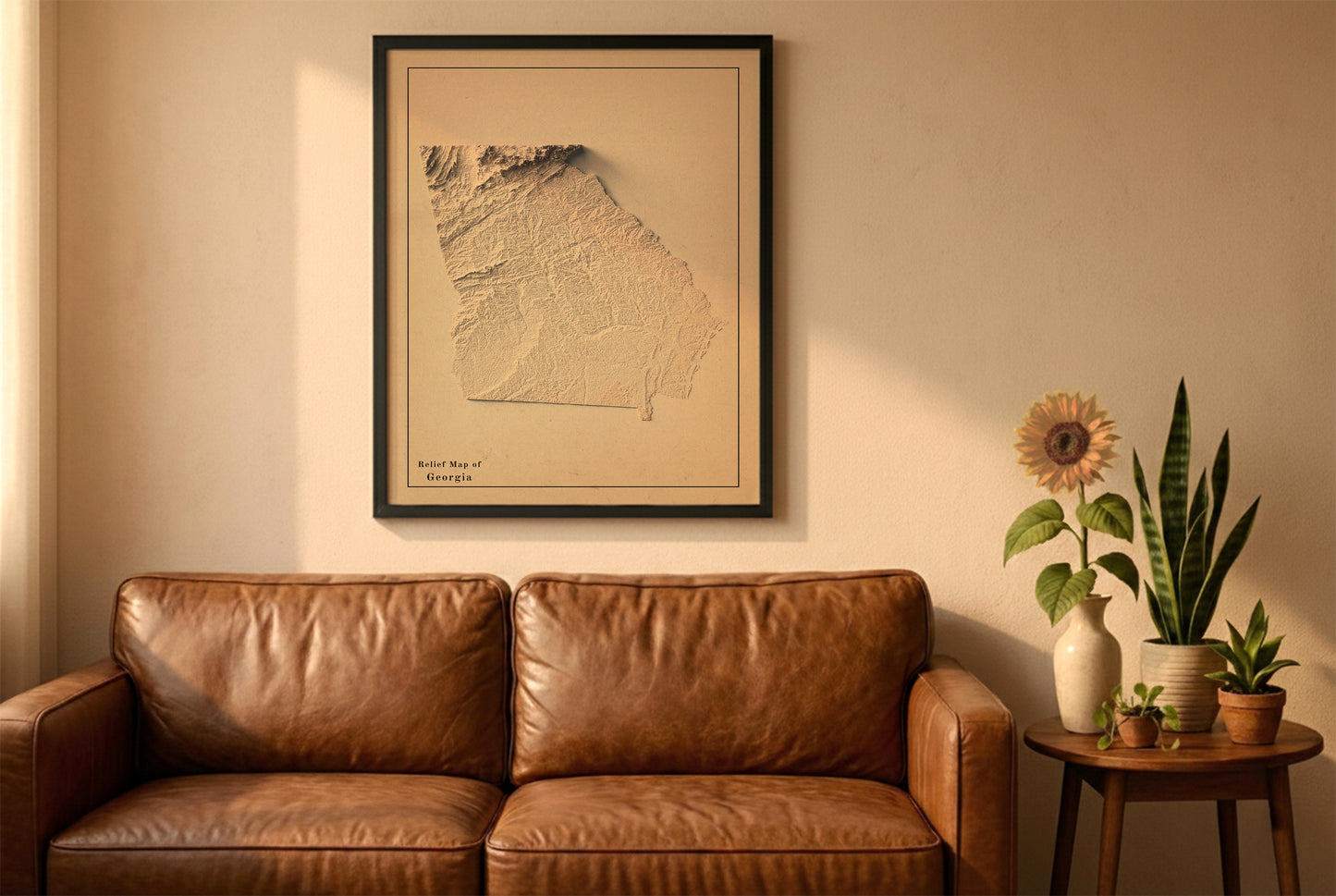 Georgia vintage relief map in a black frame above a brown leather sofa. Boho living room with warm sunlight, sunflower, and indoor plants on a wooden side table