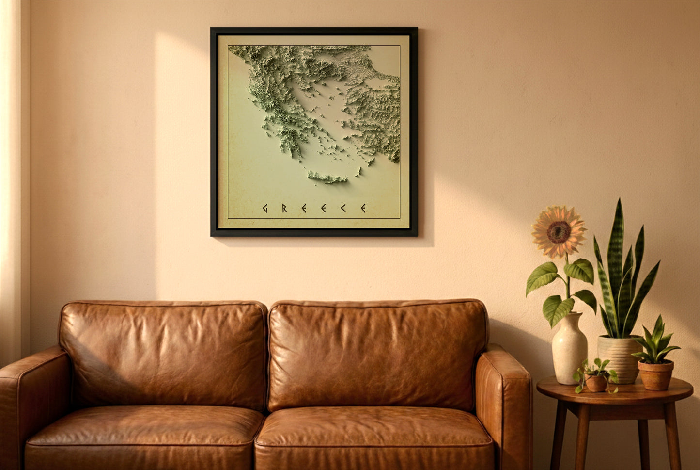 Greece vintage relief map in a black frame above a brown leather sofa. Boho living room with warm sunlight, sunflower, and indoor plants on a wooden side table