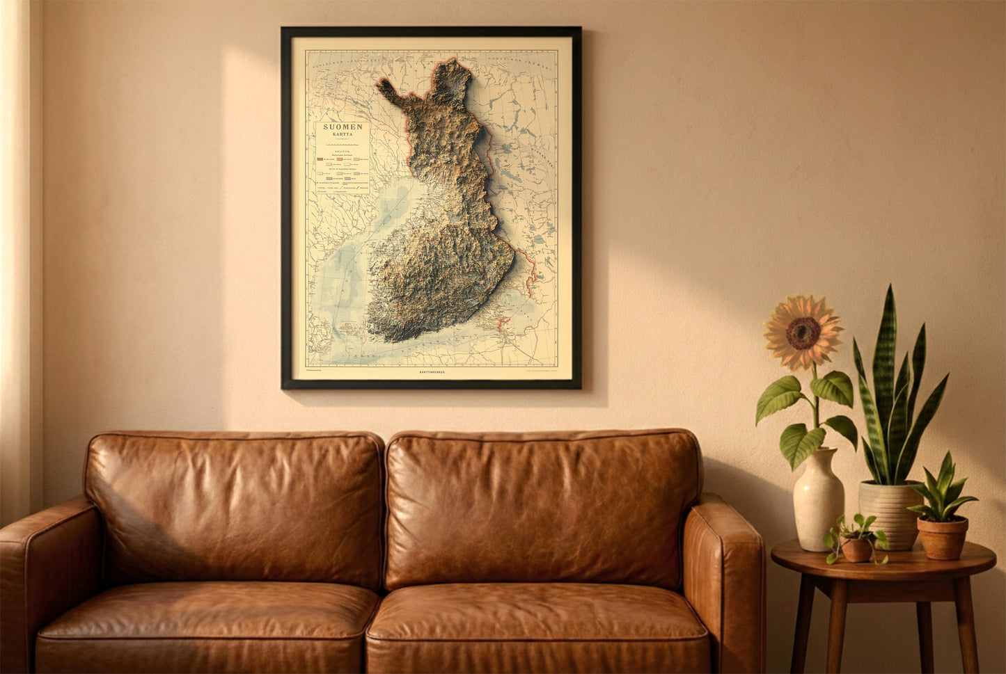 Finland vintage relief map in a black frame above a brown leather sofa. Boho living room with warm sunlight, sunflower, and indoor plants on a wooden side table