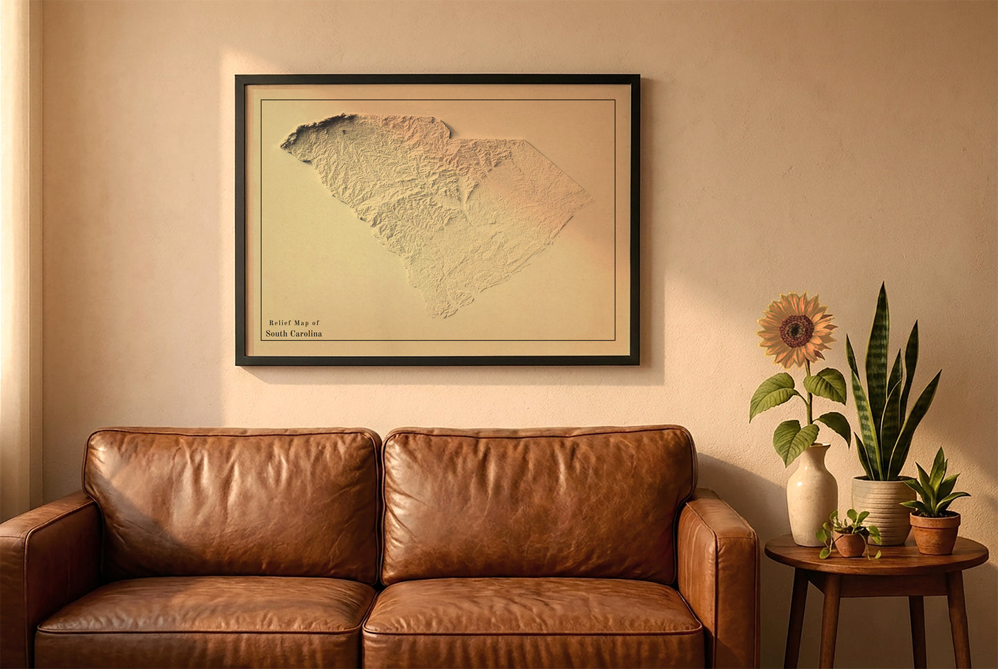 South Carolina vintage relief map in a black frame above a brown leather sofa. Boho living room with warm sunlight, sunflower, and indoor plants on a wooden side table