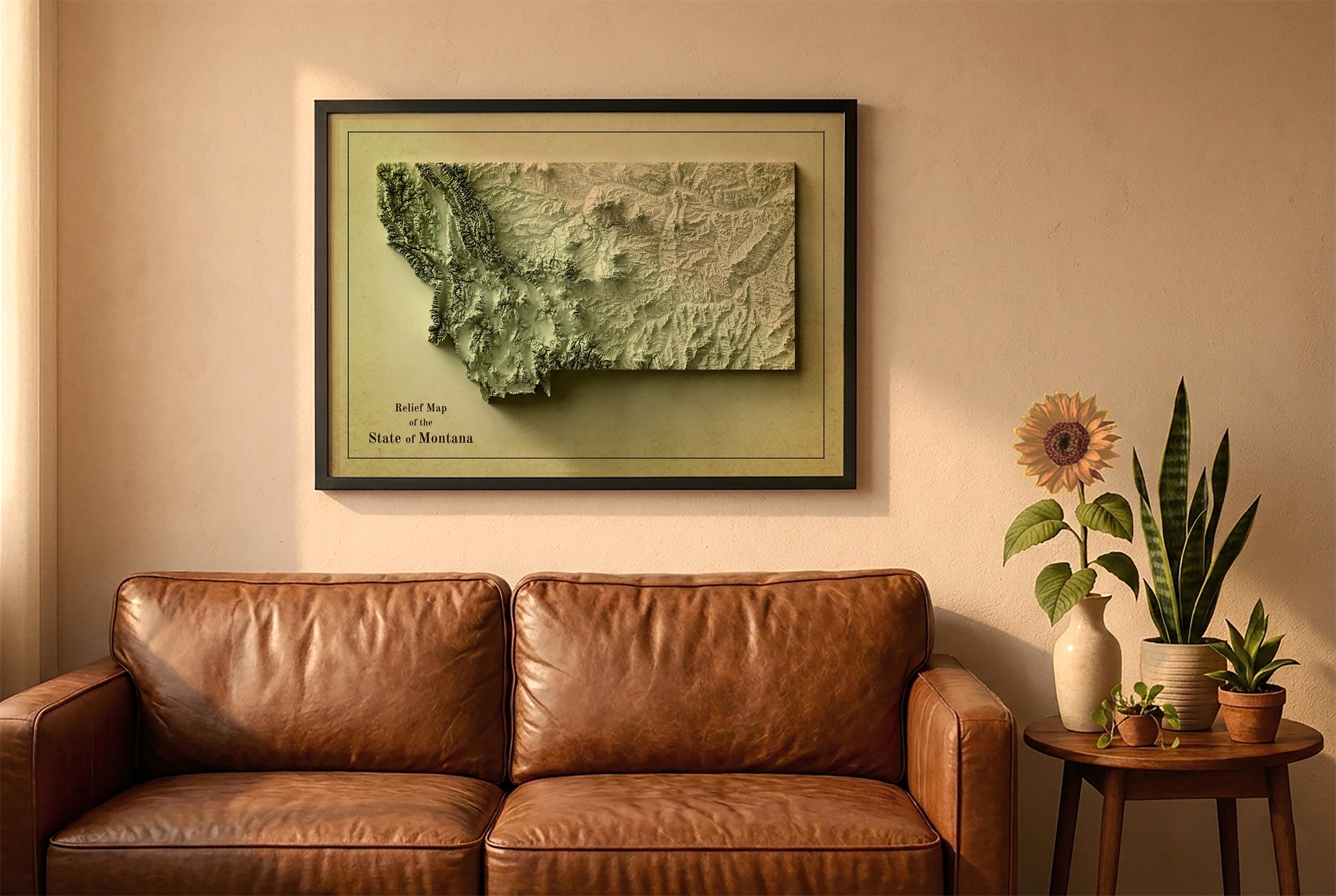 Montana vintage relief map in a black frame above a brown leather sofa. Boho living room with warm sunlight, sunflower, and indoor plants on a wooden side table