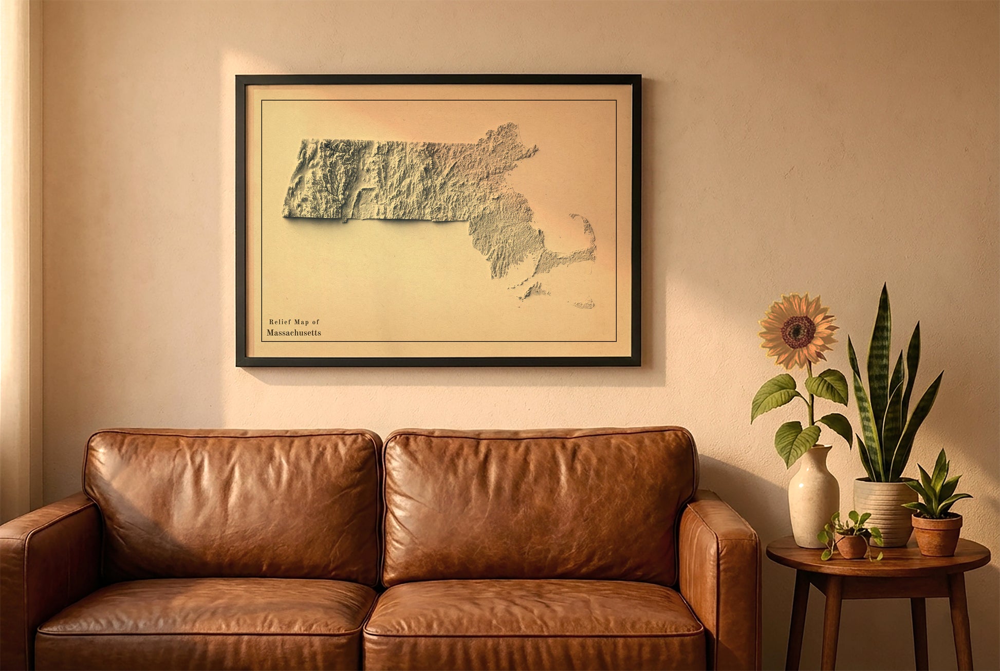 Massachusetts vintage relief map in a black frame above a brown leather sofa. Boho living room with warm sunlight, sunflower, and indoor plants on a wooden side table