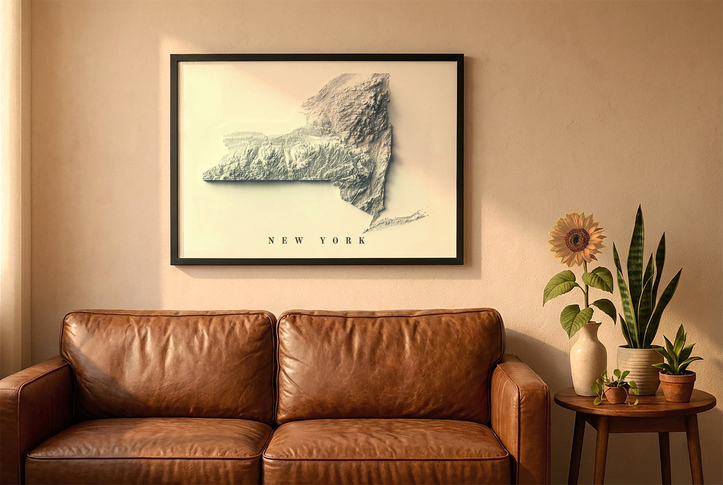 New York state relief map in a black frame above a brown leather sofa. Boho living room with warm sunlight, sunflower, and indoor plants on a wooden side table