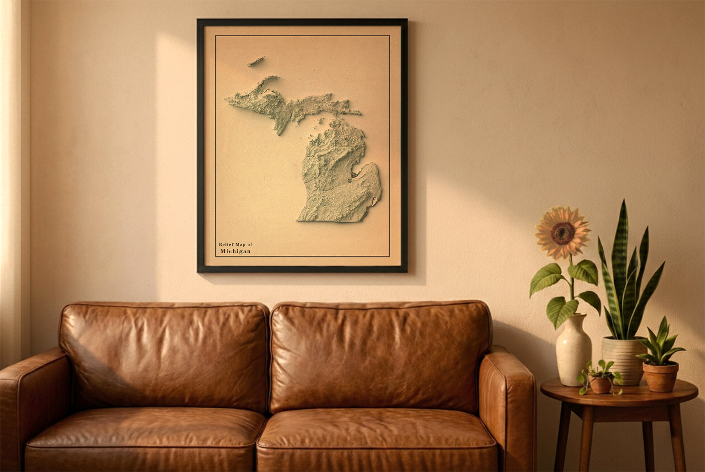 Michigan vintage relief map in a black frame above a brown leather sofa. Boho living room with warm sunlight, sunflower, and indoor plants on a wooden side table