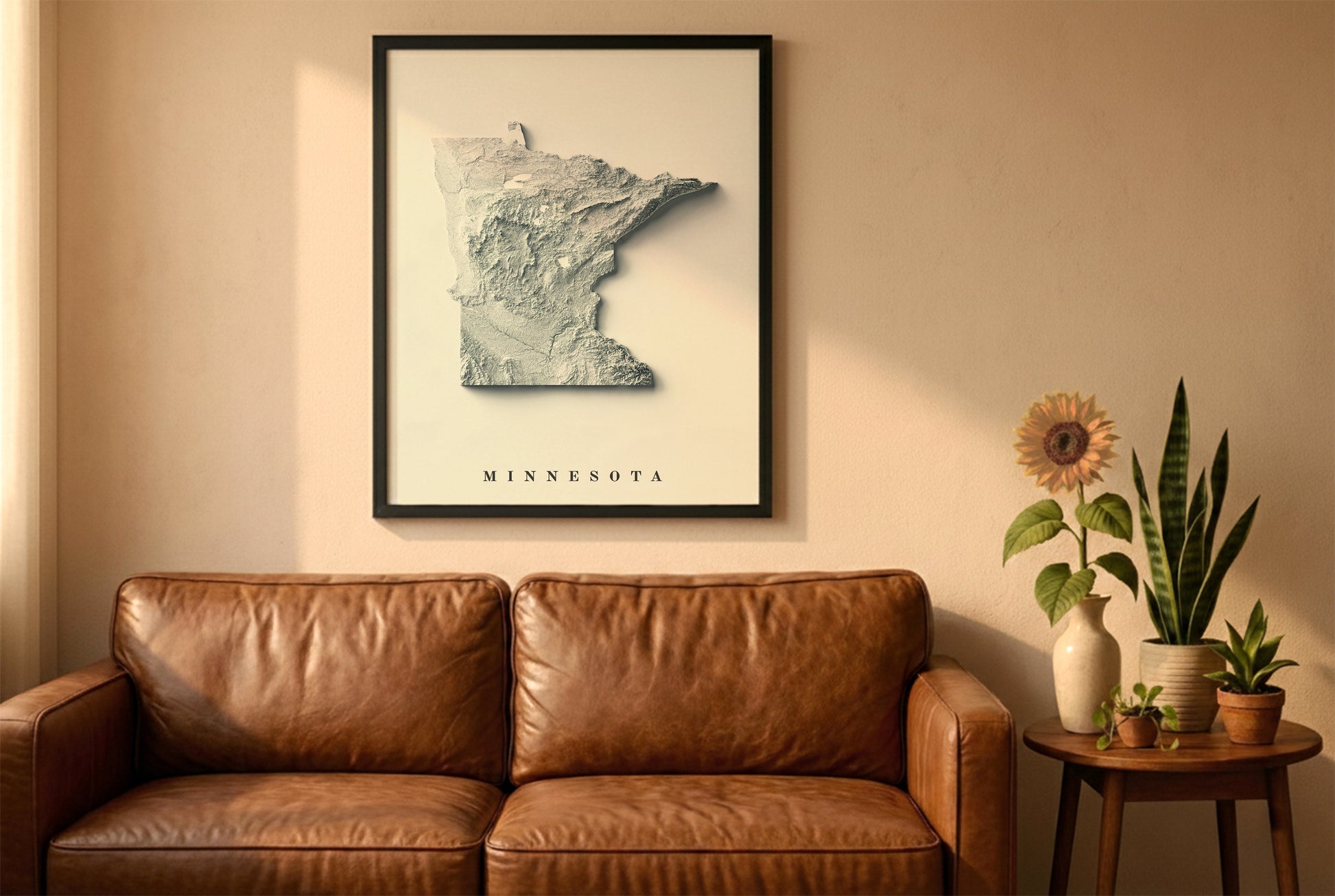 Minnesota relief map in a black frame above a brown leather sofa. Boho living room with warm sunlight, sunflower, and indoor plants on a wooden side table