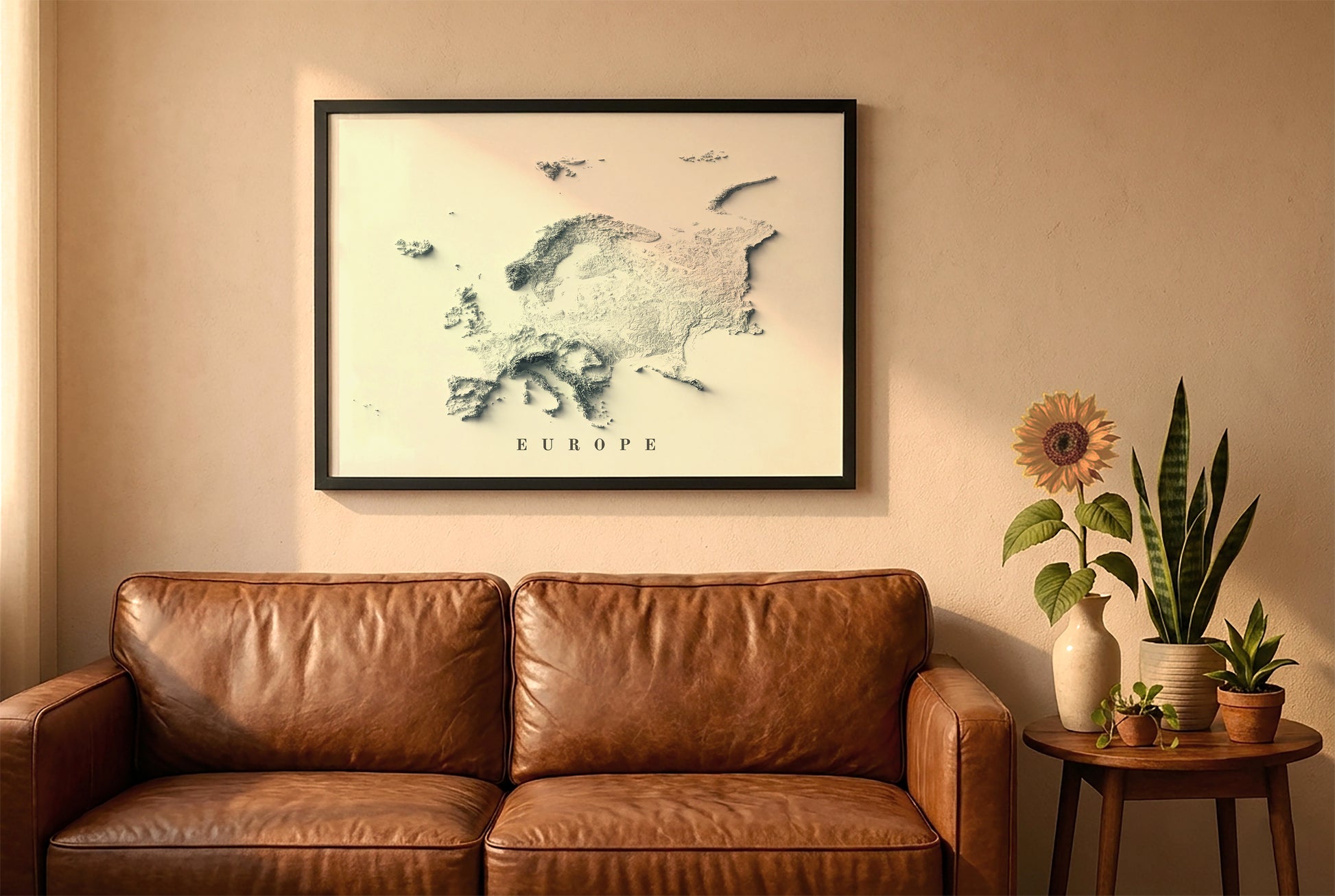 Europe relief map in a black frame above a brown leather sofa. Boho living room with warm sunlight, sunflower, and indoor plants on a wooden side table