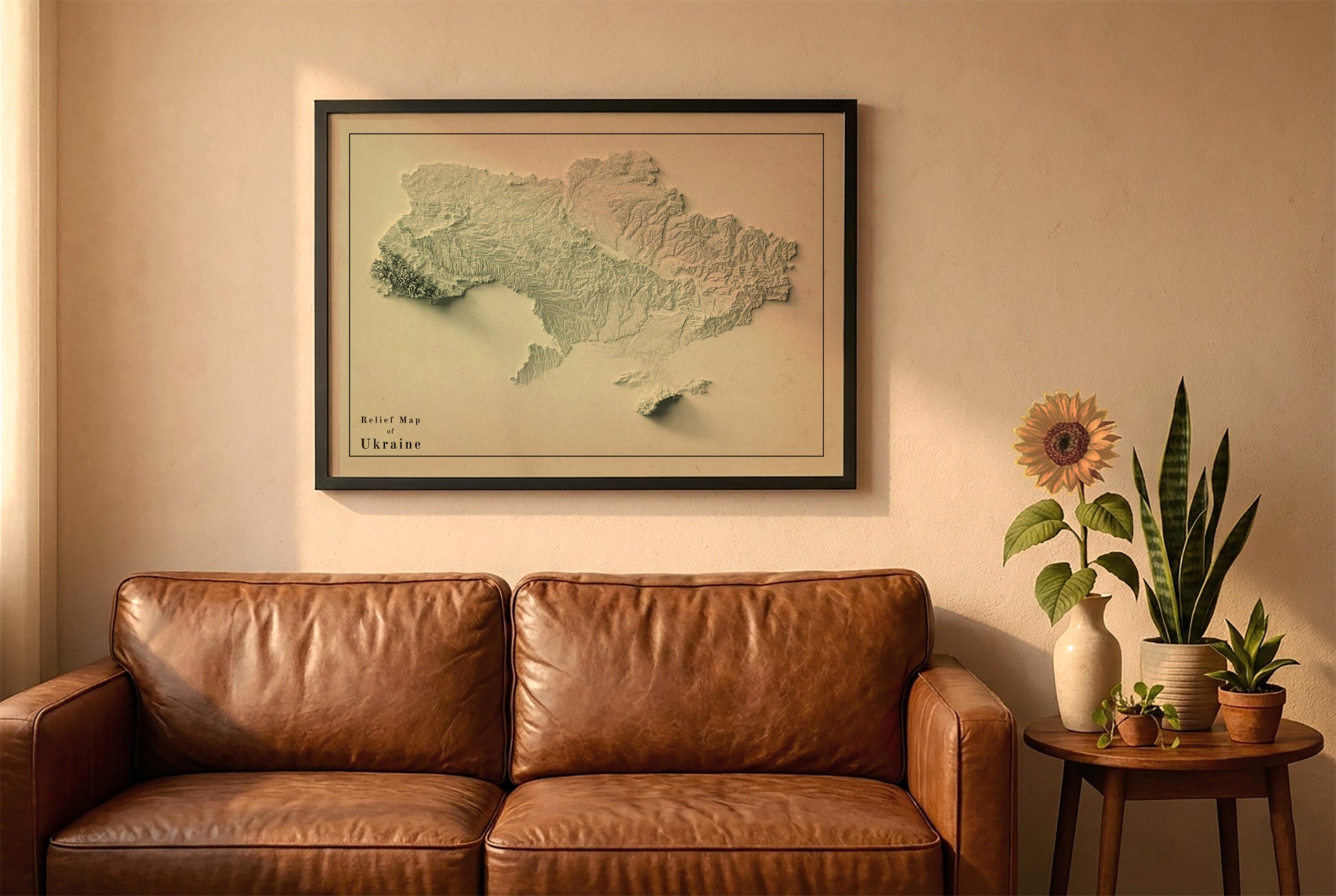 Ukraine vintage relief map in a black frame above a brown leather sofa. Boho living room with warm sunlight, sunflower, and indoor plants on a wooden side table