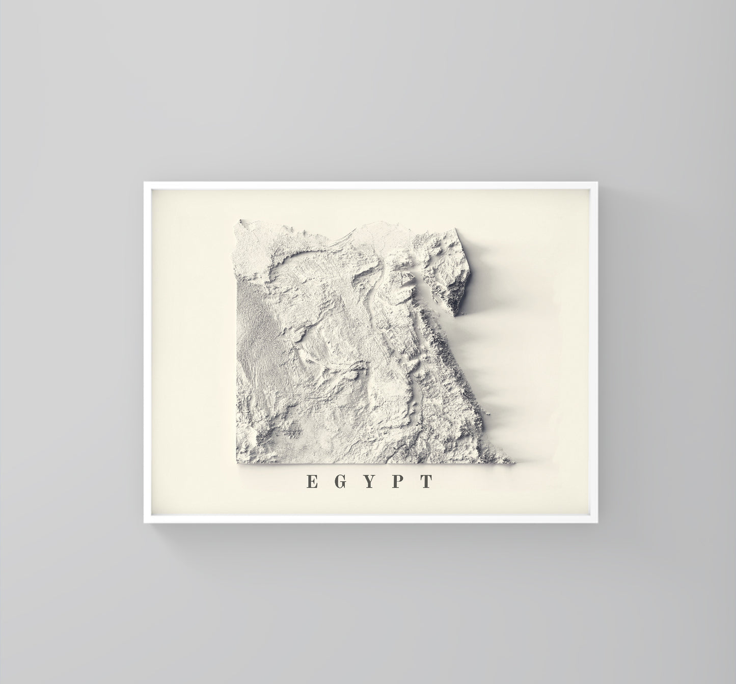 Egypt framed shaded relief map in white frame. Artistic print highlighting mountains with a realistic 3d effect