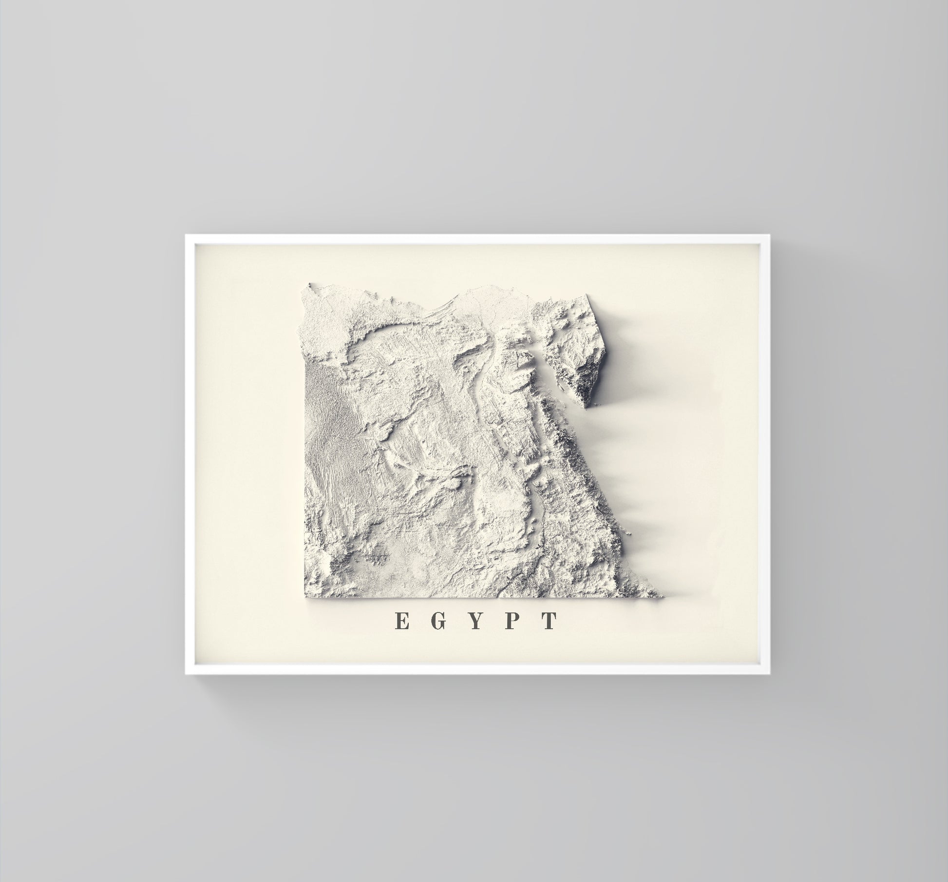 Egypt framed shaded relief map in white frame. Artistic print highlighting mountains with a realistic 3d effect