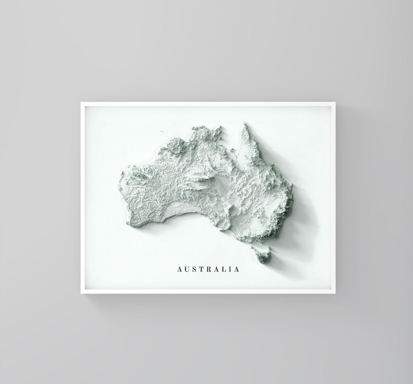 Australia minimalist framed shaded relief map in white frame. Artistic print highlighting mountains with a realistic 3d effect
