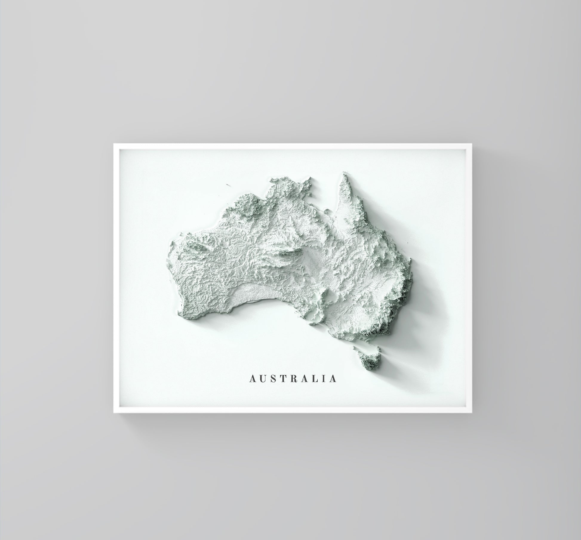 Australia minimalist framed shaded relief map in white frame. Artistic print highlighting mountains with a realistic 3d effect