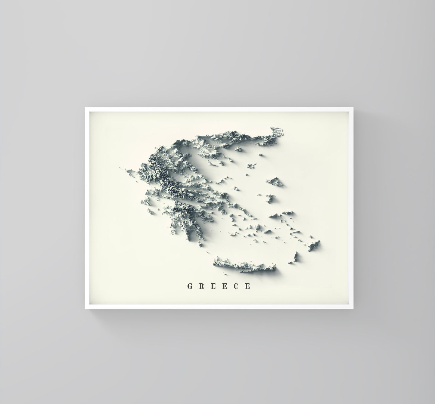 Greece framed shaded relief map in white frame. Artistic print highlighting mountains with a realistic 3d effect