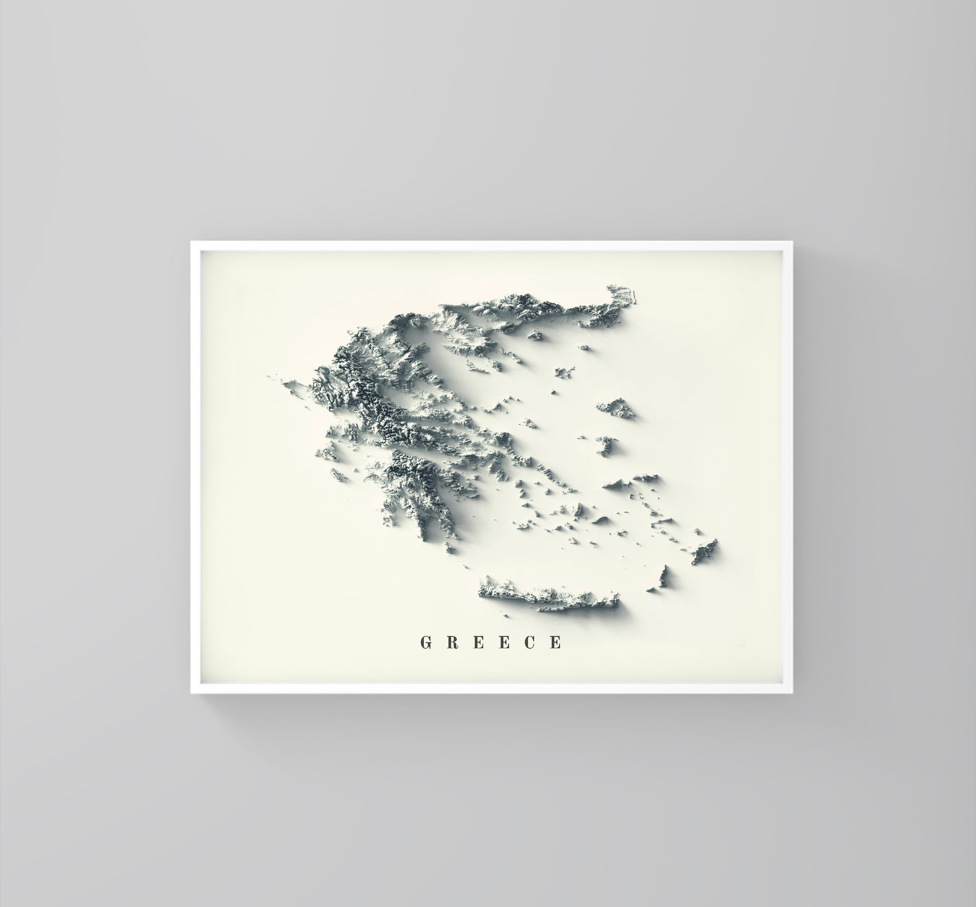 Greece framed shaded relief map in white frame. Artistic print highlighting mountains with a realistic 3d effect