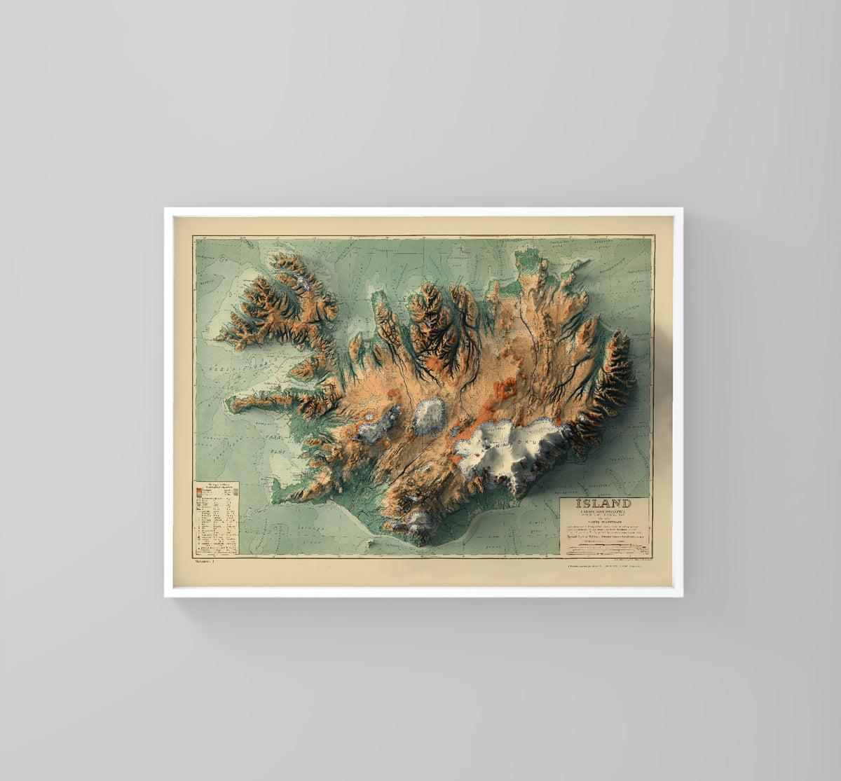 Iceland vintage framed shaded relief map in white frame. Artistic print highlighting mountains with a realistic 3d effect
