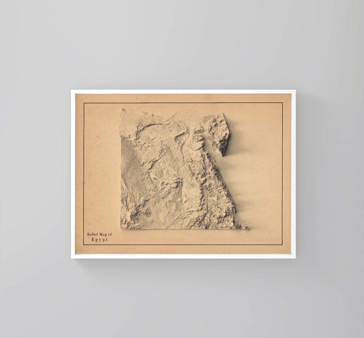 Egypt vintage framed shaded relief map in white frame. Artistic print highlighting mountains with a realistic 3d effect