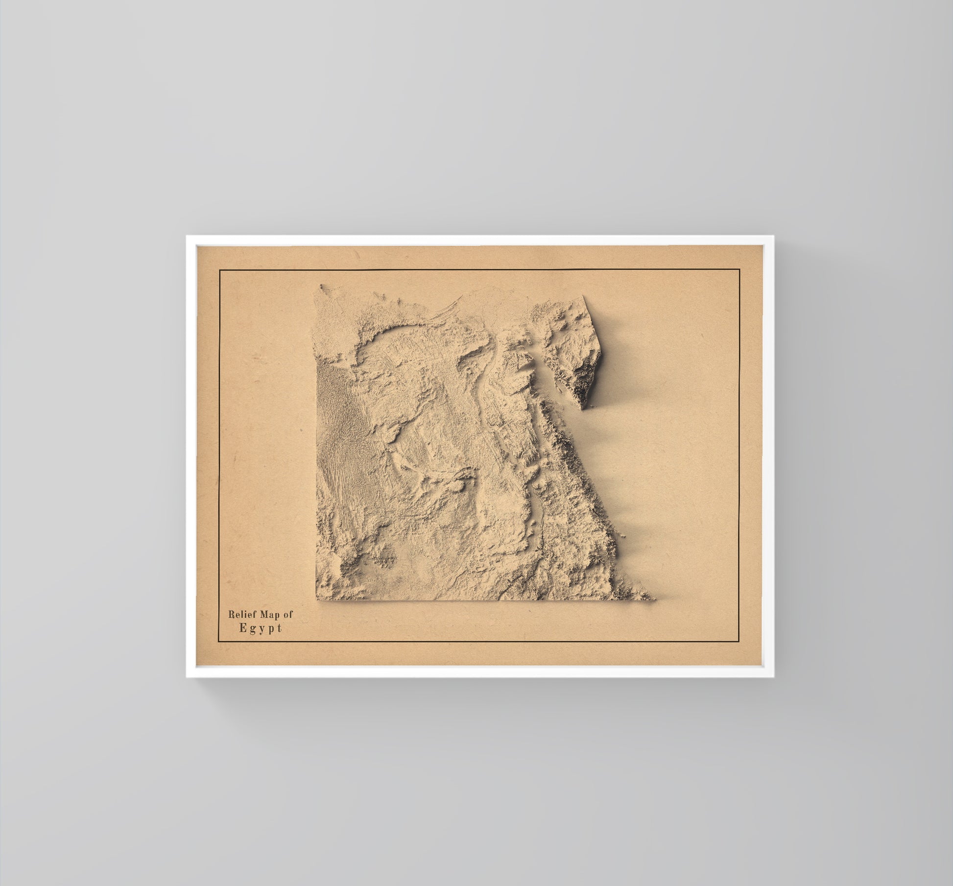 Egypt vintage framed shaded relief map in white frame. Artistic print highlighting mountains with a realistic 3d effect
