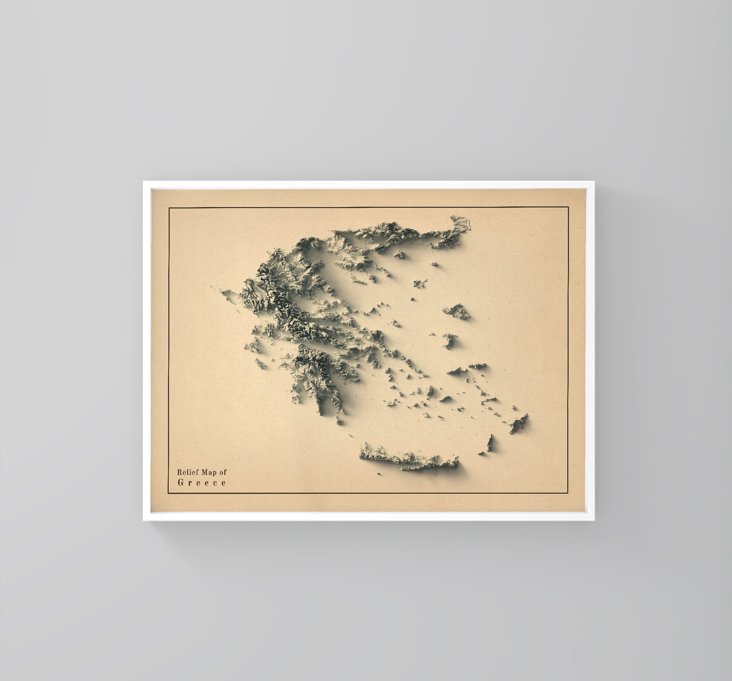 Greece vintage framed shaded relief map in white frame. Artistic print highlighting mountains with a realistic 3d effect