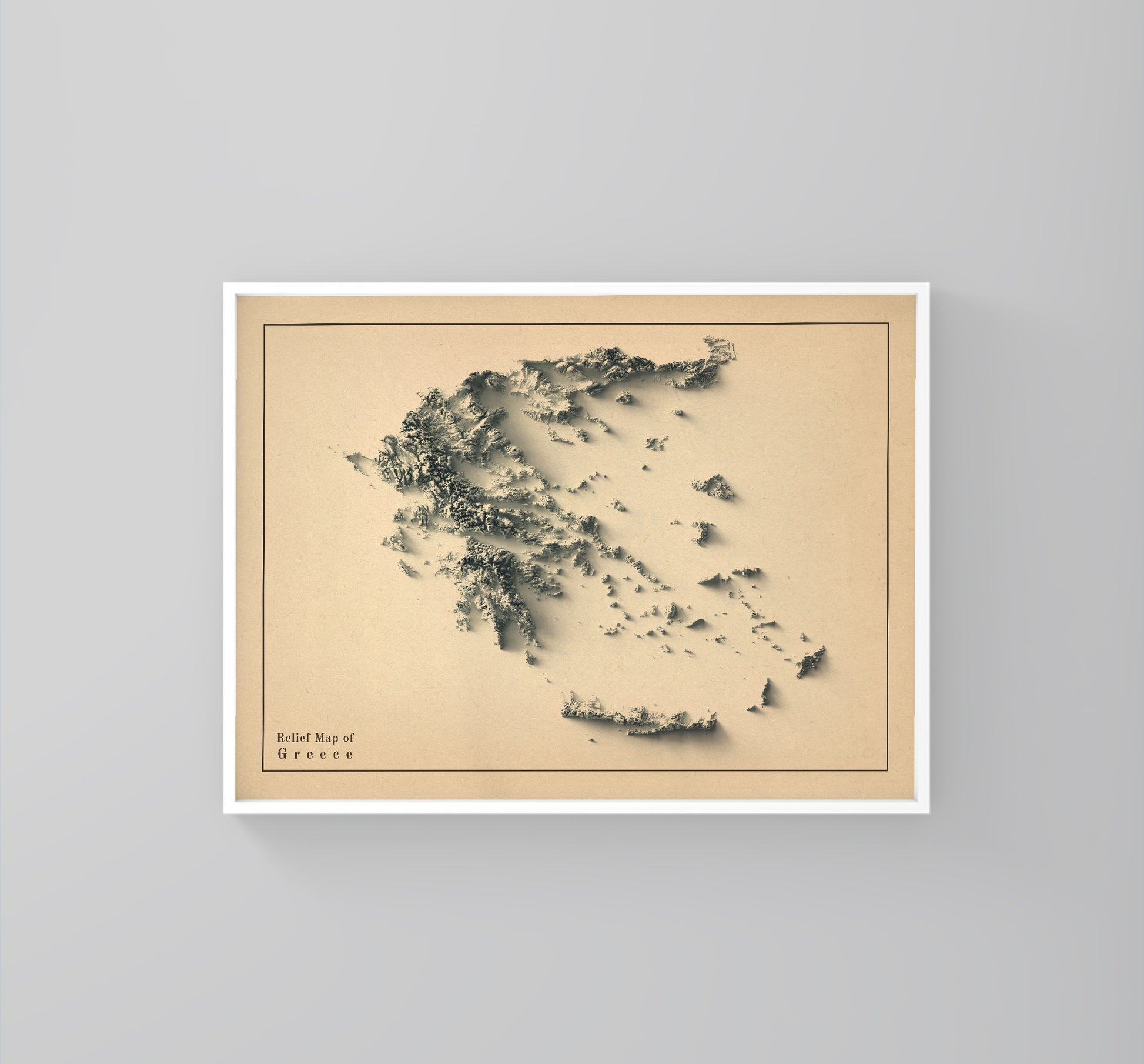 Greece vintage framed shaded relief map in white frame. Artistic print highlighting mountains with a realistic 3d effect