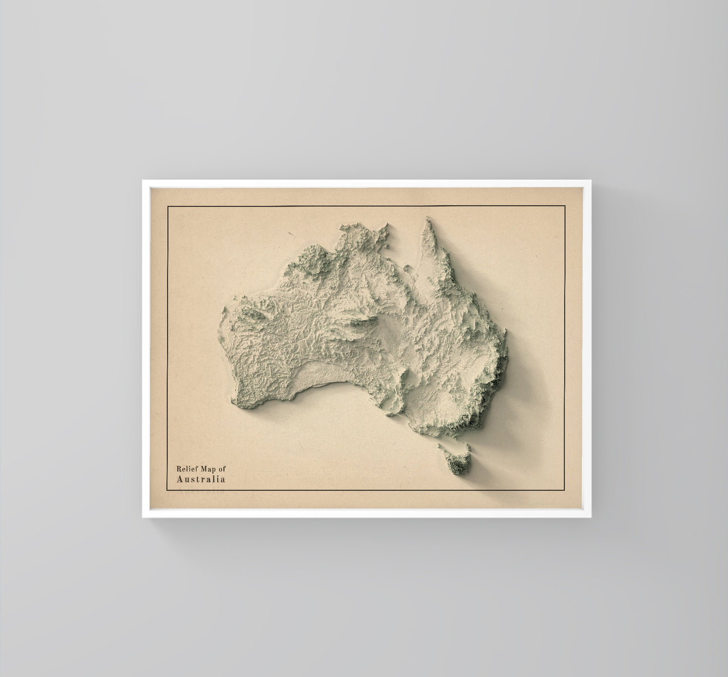 Australia minimalist framed shaded relief map in white frame. Artistic print highlighting mountains with a realistic 3d effect