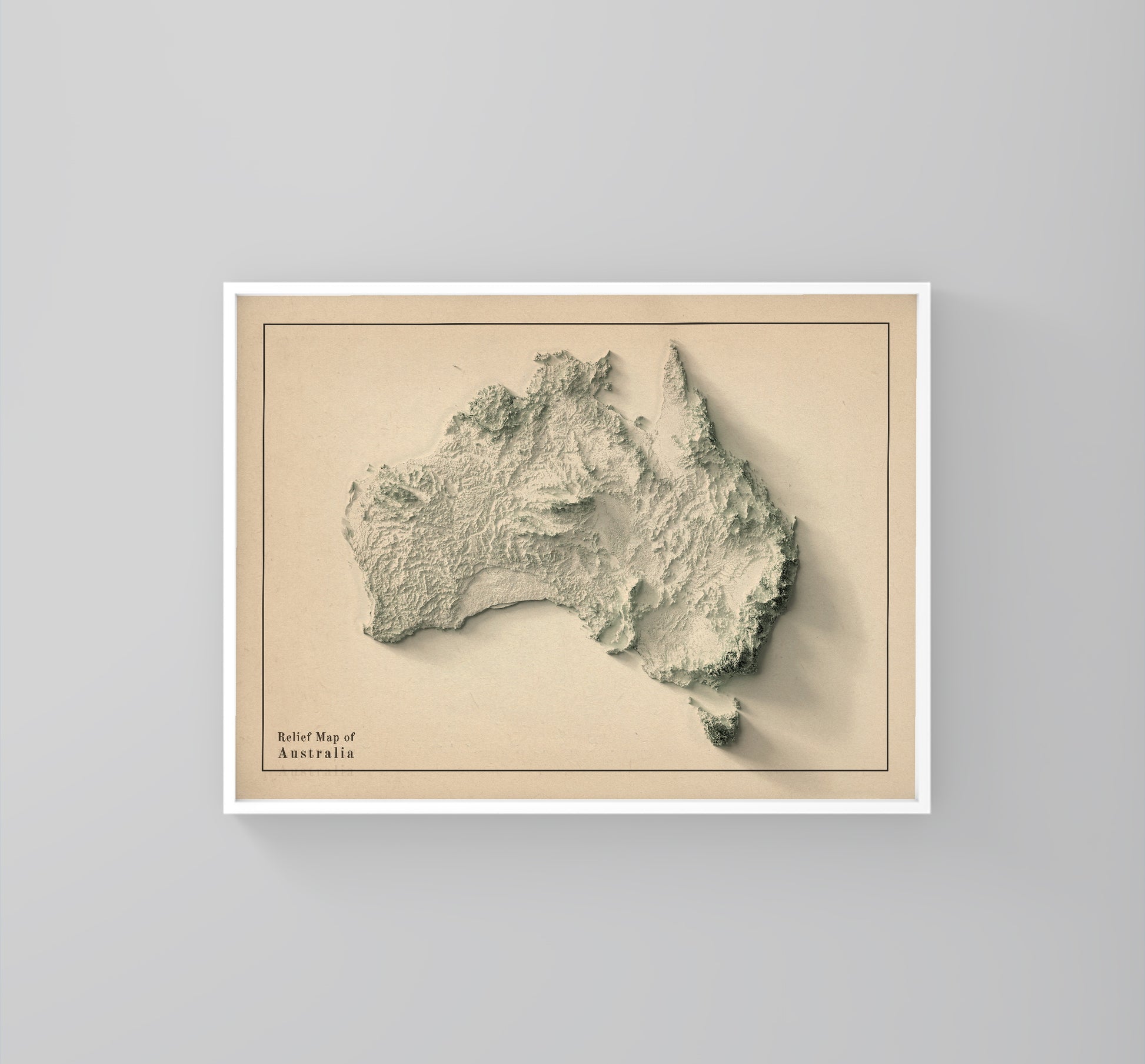 Australia minimalist framed shaded relief map in white frame. Artistic print highlighting mountains with a realistic 3d effect