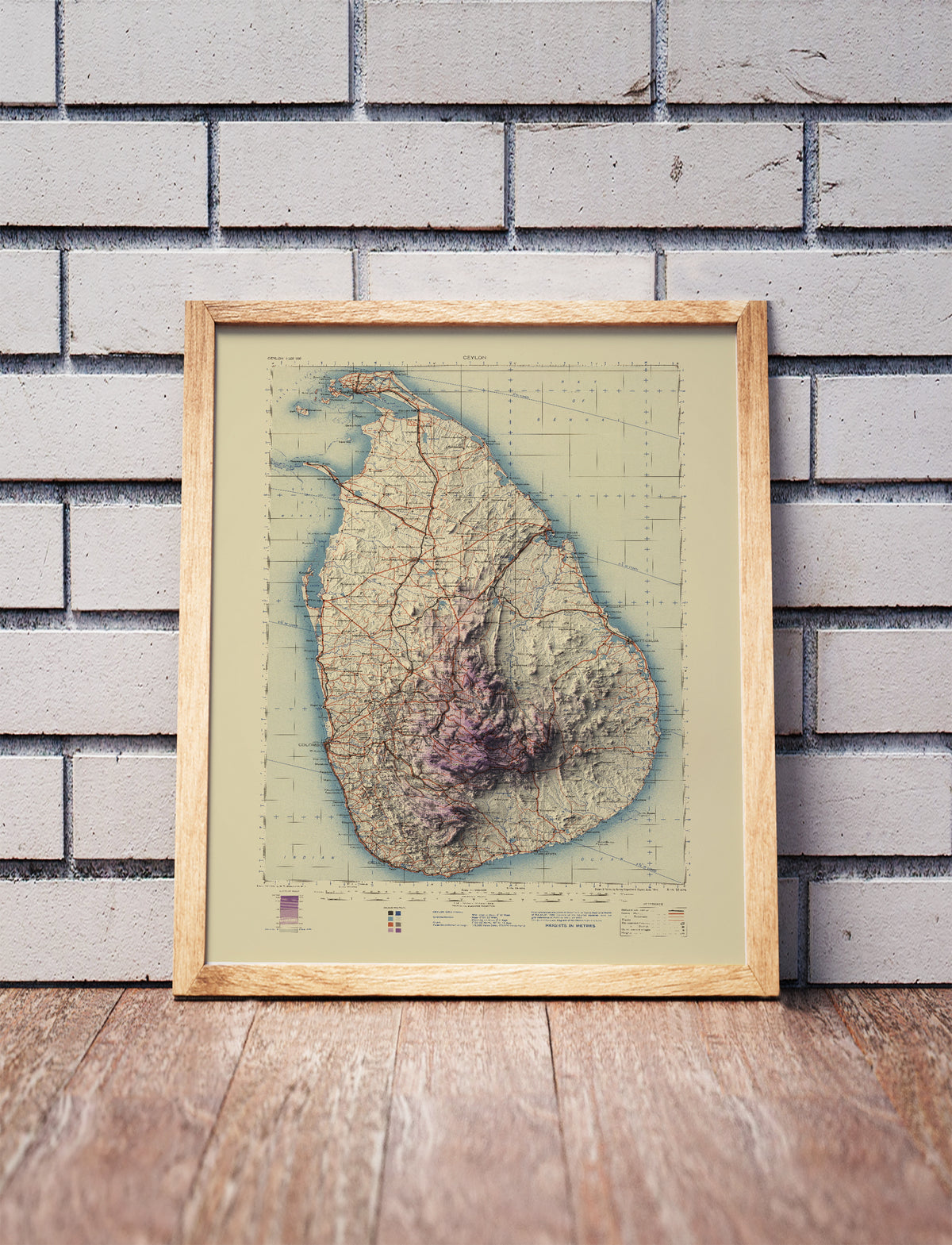 Vintage Sri Lanka shaded relief map in a wooden frame. Realistic terrain art print for home decor, displayed against a brick wall