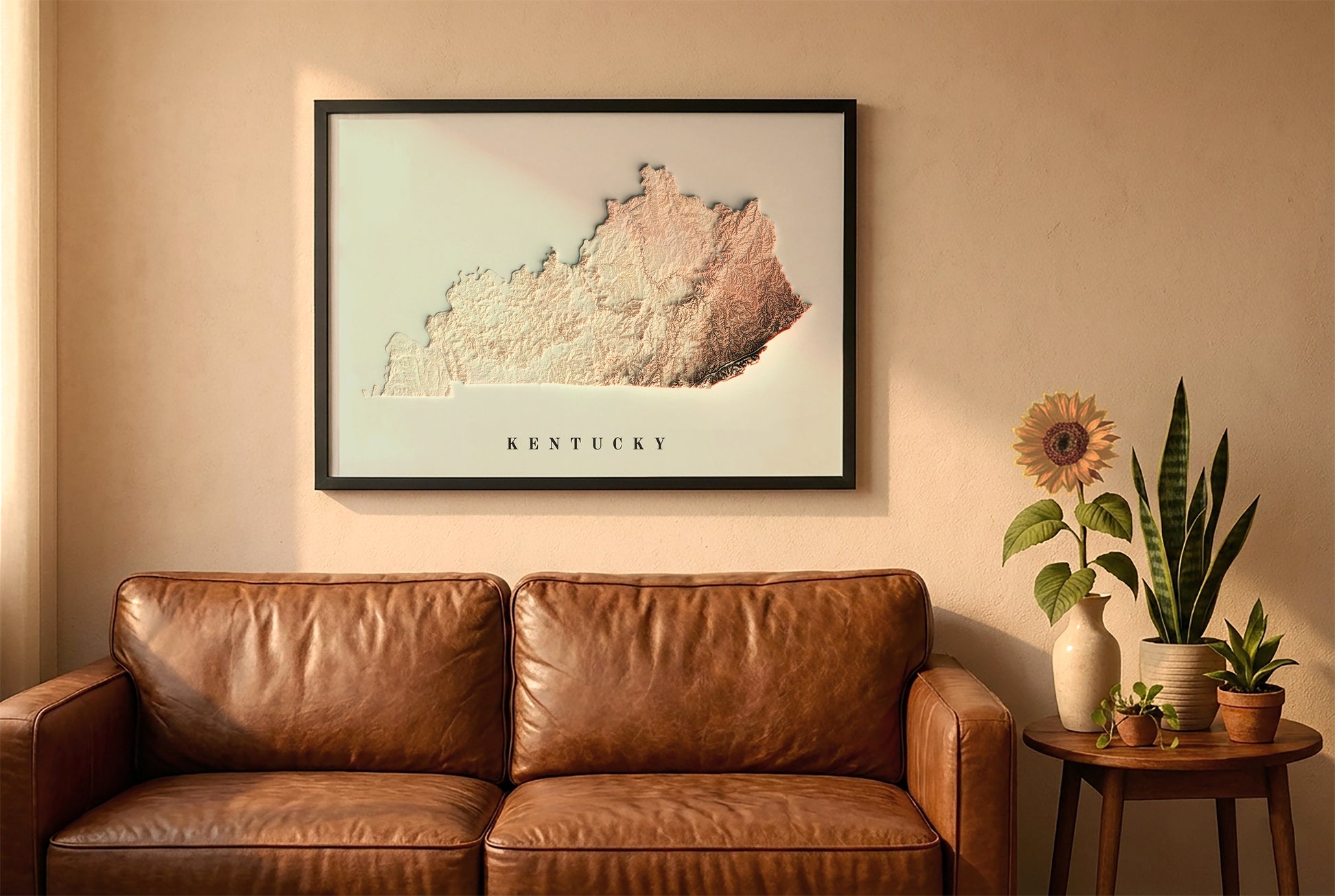 Kentucky relief map in a black frame above a brown leather sofa. Boho living room with warm sunlight, sunflower, and indoor plants on a wooden side table