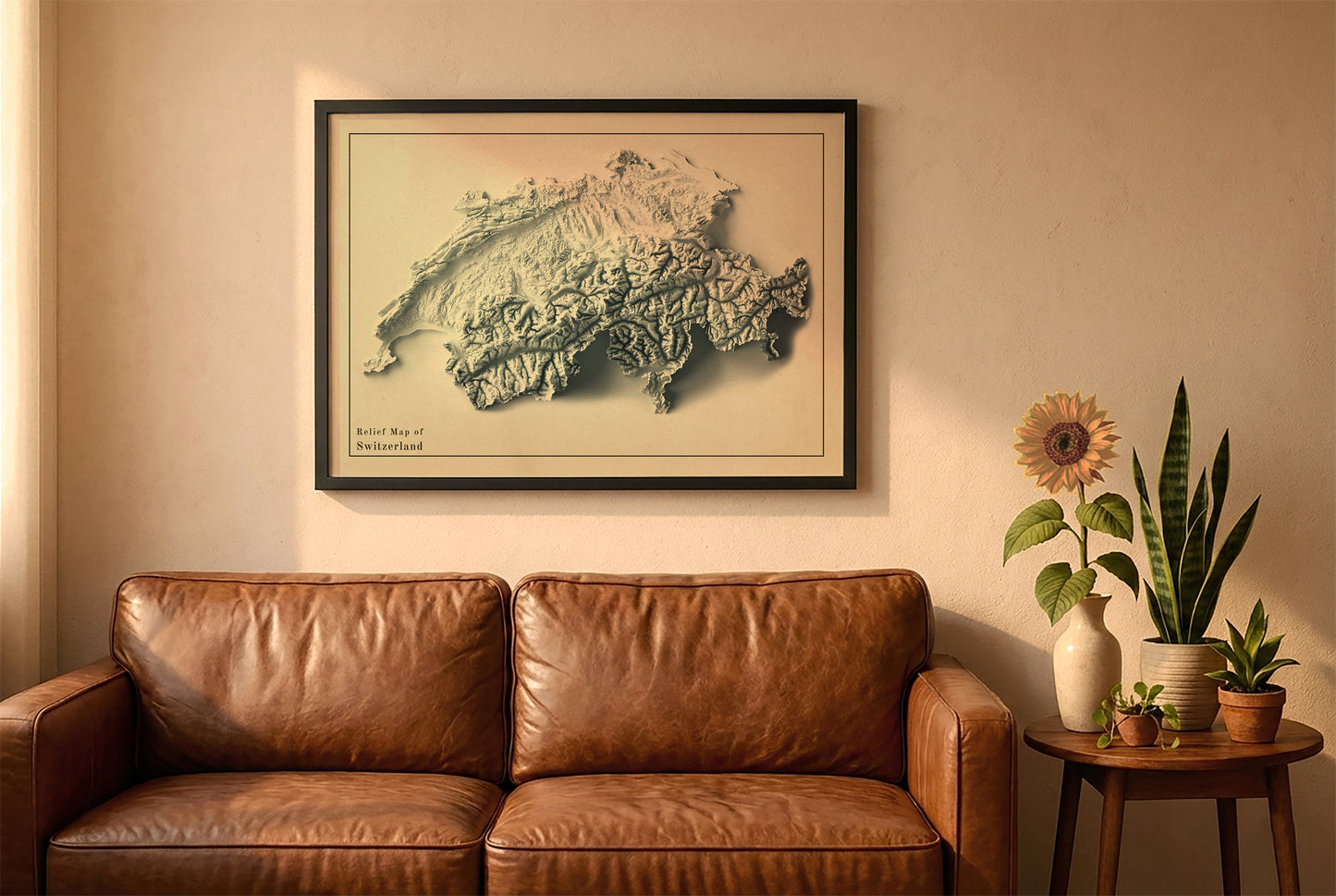 Switzerland vintage relief map in a black frame above a brown leather sofa. Boho living room with warm sunlight, sunflower, and indoor plants on a wooden side table