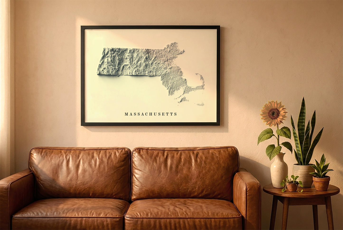 Massachusetts relief map in a black frame above a brown leather sofa. Boho living room with warm sunlight, sunflower, and indoor plants on a wooden side table