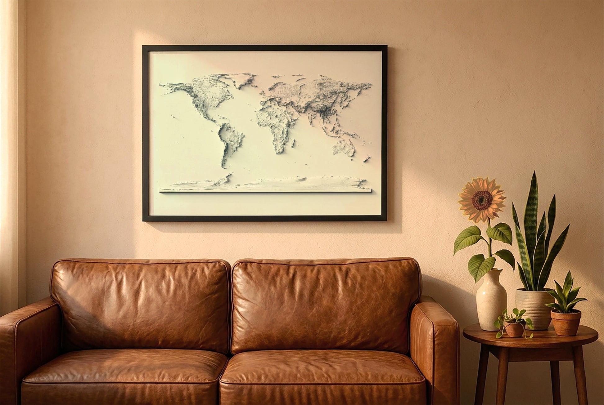 world relief map in a black frame above a brown leather sofa. Boho living room with warm sunlight, sunflower, and indoor plants on a wooden side table