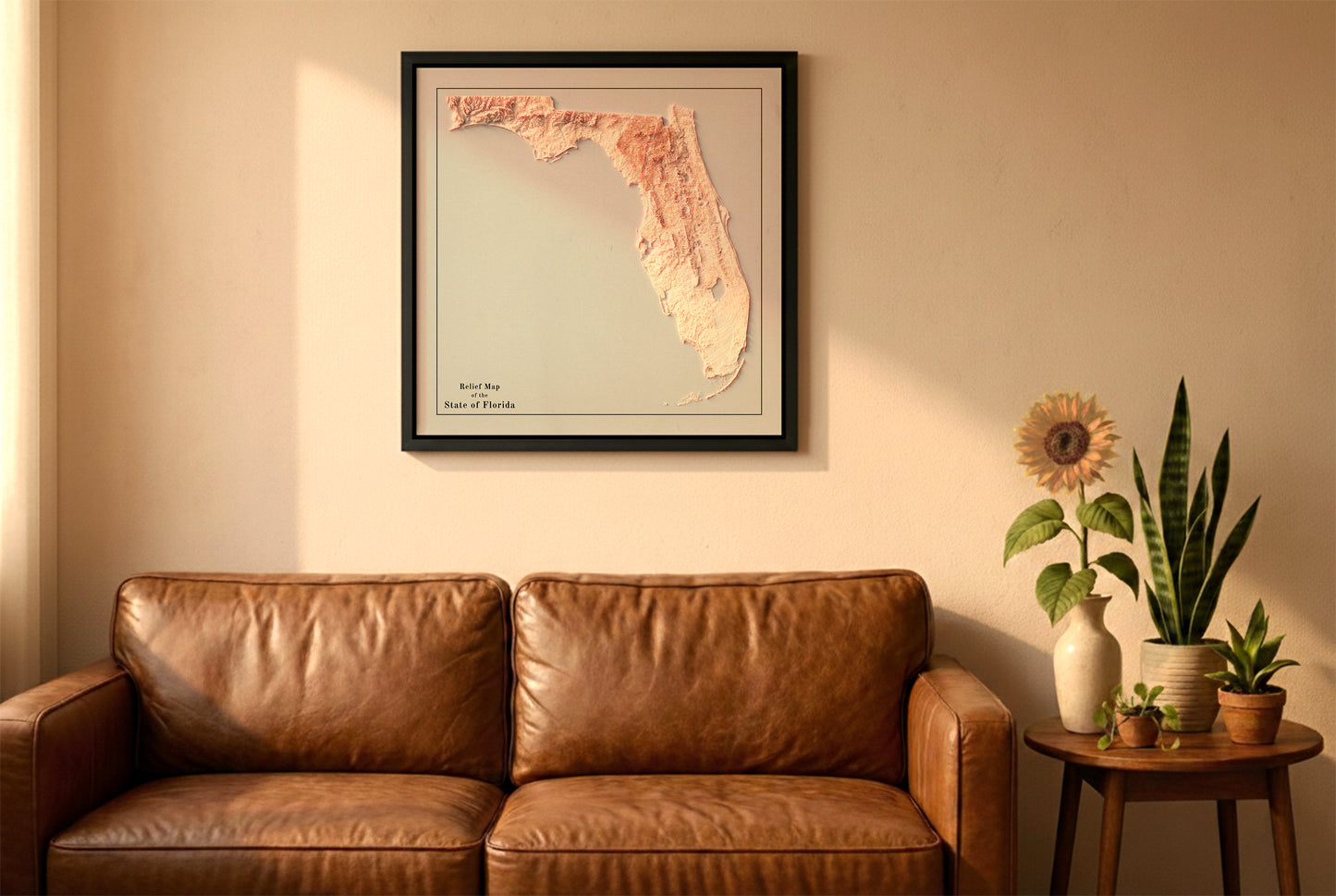 Florida vintage relief map in a black frame above a brown leather sofa. Boho living room with warm sunlight, sunflower, and indoor plants on a wooden side table