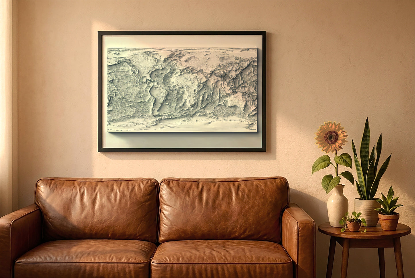 Bathymetric world relief map in a black frame above a brown leather sofa. Boho living room with warm sunlight, sunflower, and indoor plants on a wooden side table