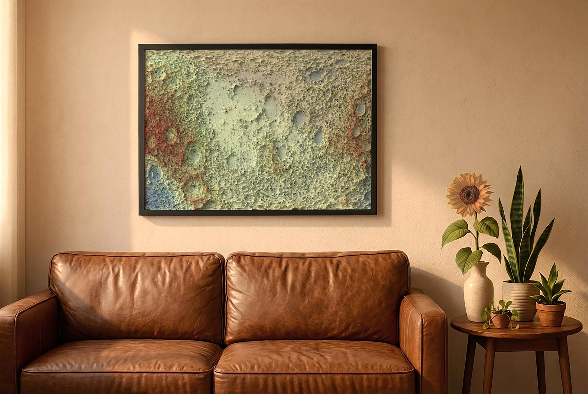 Moon relief map in a black frame above a brown leather sofa. Boho living room with warm sunlight, sunflower, and indoor plants on a wooden side table