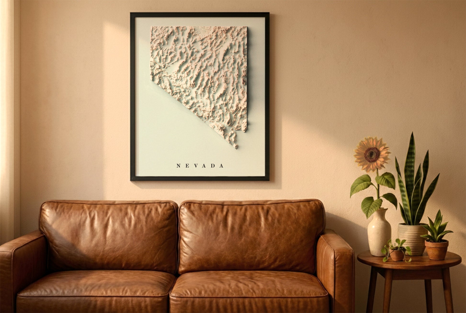 Nevada relief map in a black frame above a brown leather sofa. Boho living room with warm sunlight, sunflower, and indoor plants on a wooden side table