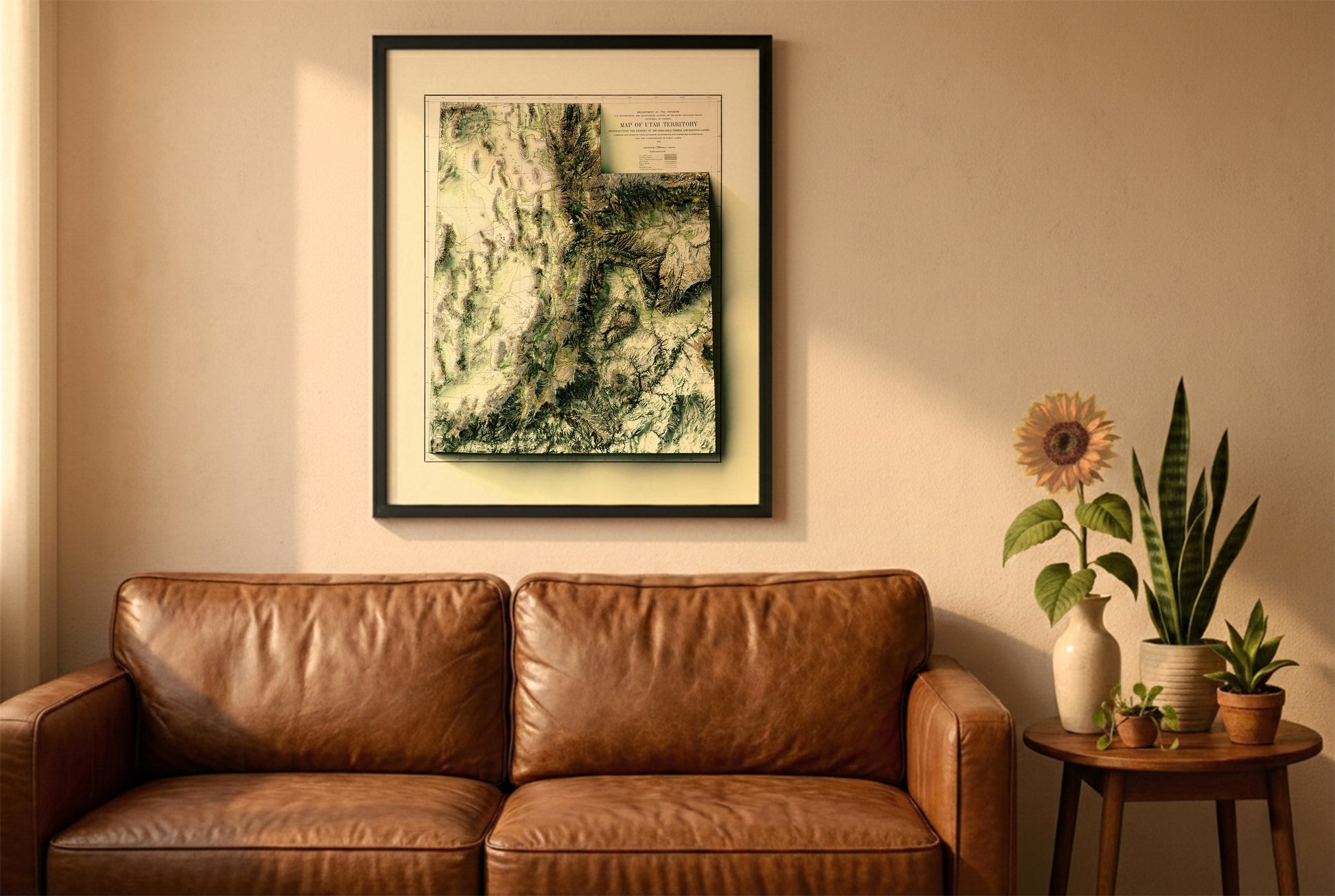 Utah vintage relief map in a black frame above a brown leather sofa. Boho living room with warm sunlight, sunflower, and indoor plants on a wooden side table