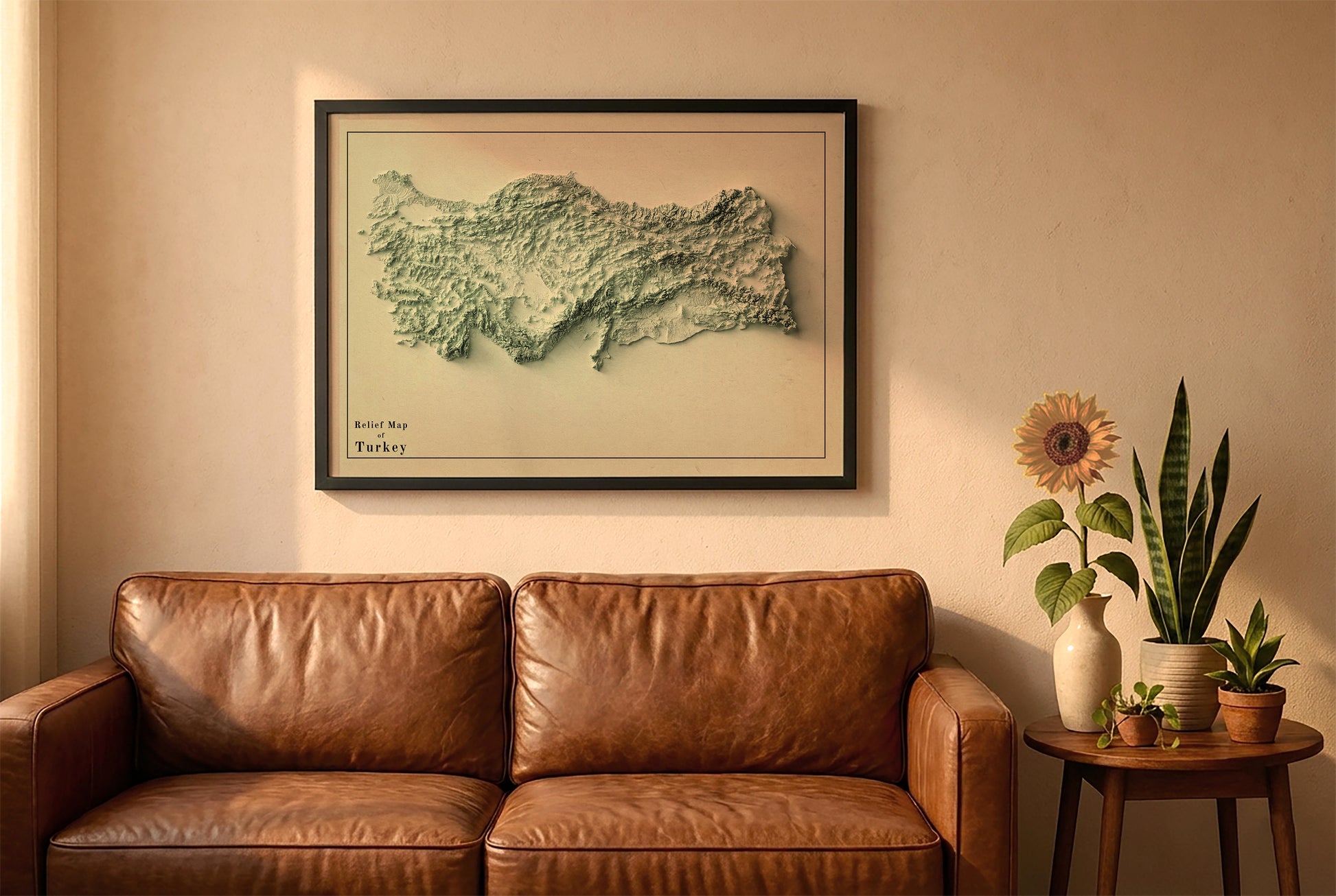 Turkey vintage relief map in a black frame above a brown leather sofa. Boho living room with warm sunlight, sunflower, and indoor plants on a wooden side table