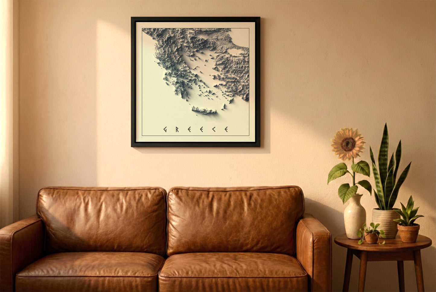 Greece relief map in a black frame above a brown leather sofa. Boho living room with warm sunlight, sunflower, and indoor plants on a wooden side table
