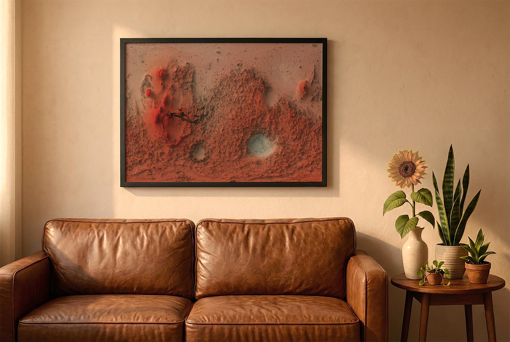 Mars relief map in a black frame above a brown leather sofa. Boho living room with warm sunlight, sunflower, and indoor plants on a wooden side table