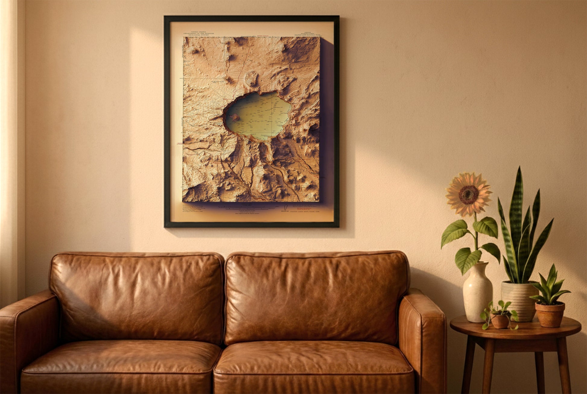 Crater Lake, Oregon, vintage relief map in a black frame above a brown leather sofa. Boho living room with warm sunlight, sunflower, and indoor plants on a wooden side table