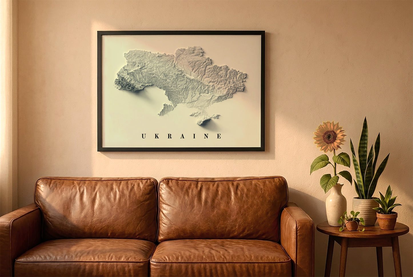 Ukraine relief map in a black frame above a brown leather sofa. Boho living room with warm sunlight, sunflower, and indoor plants on a wooden side table