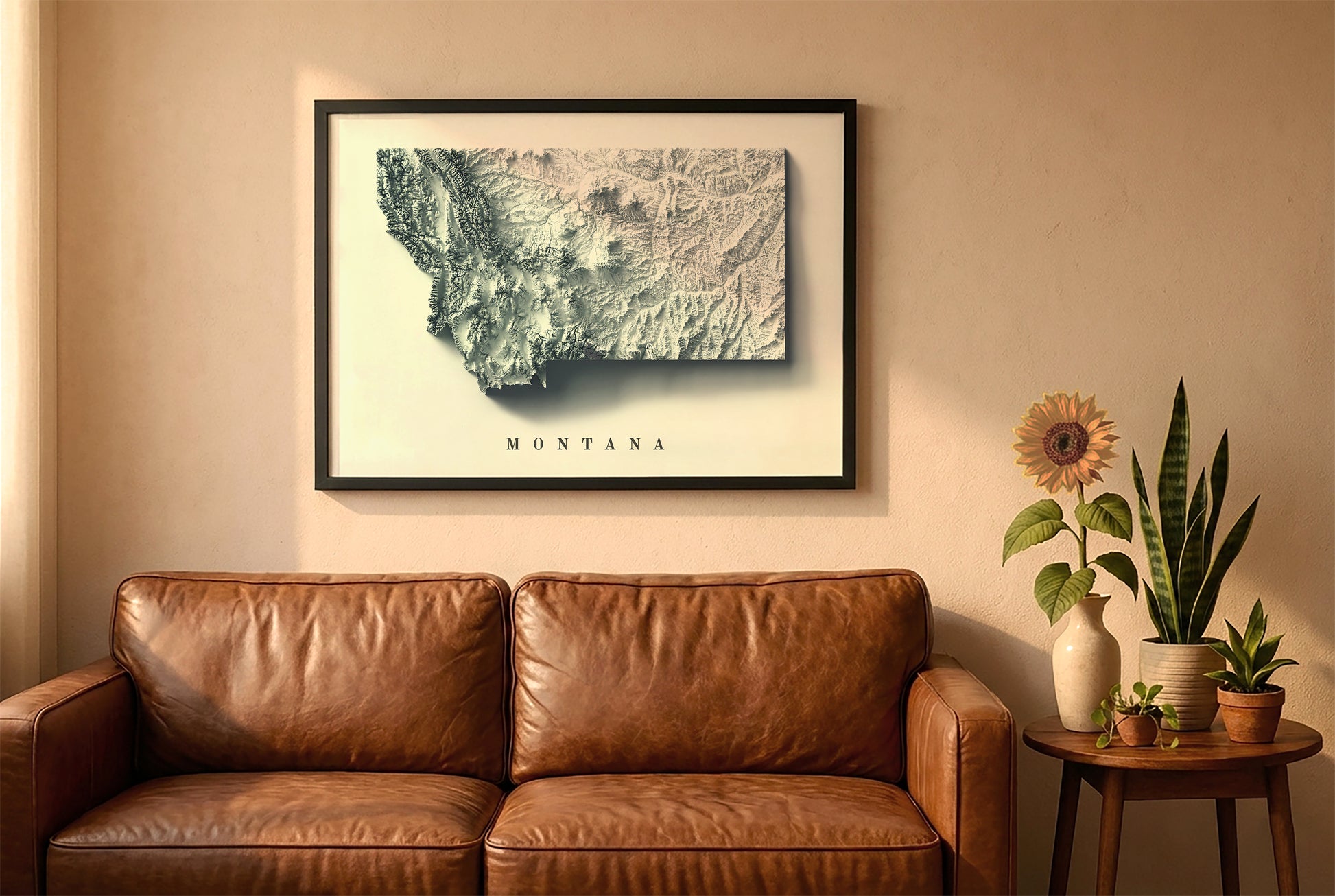 Montana relief map in a black frame above a brown leather sofa. Boho living room with warm sunlight, sunflower, and indoor plants on a wooden side table