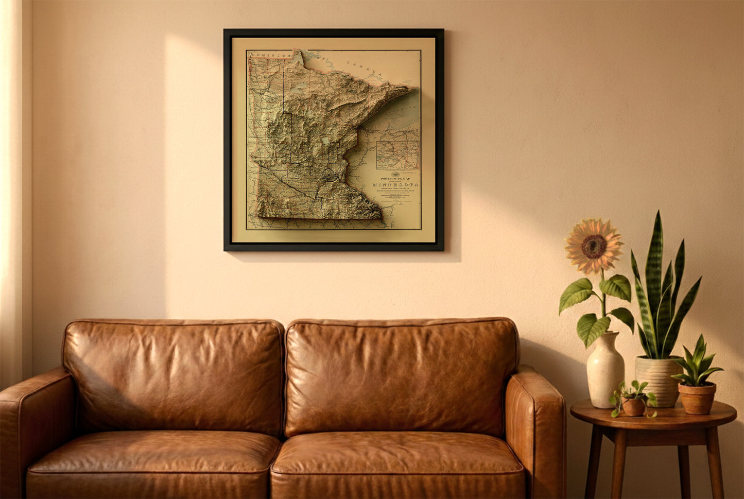 Minnesota vintage relief map in a black frame above a brown leather sofa. Boho living room with warm sunlight, sunflower, and indoor plants on a wooden side table