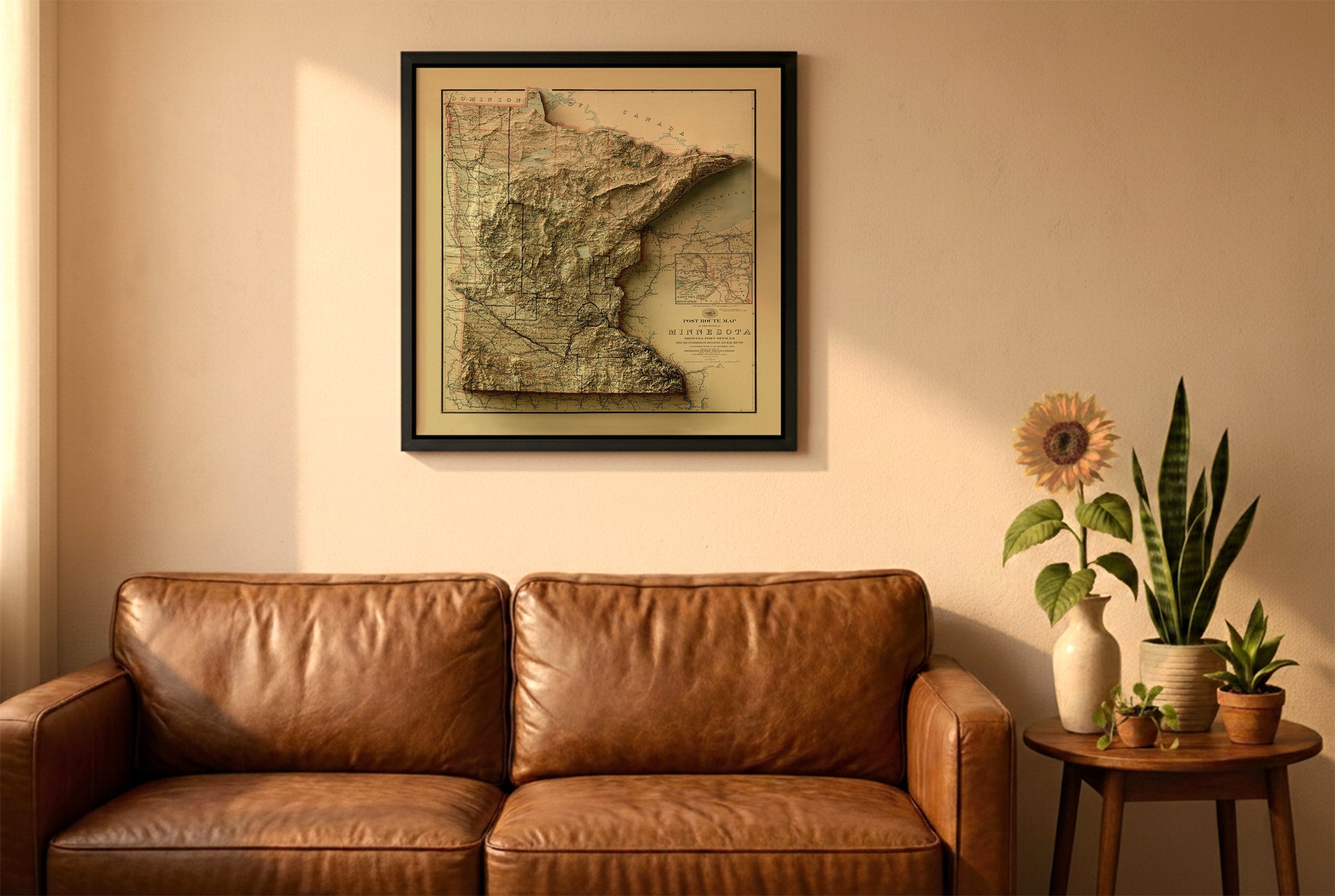 Minnesota vintage relief map in a black frame above a brown leather sofa. Boho living room with warm sunlight, sunflower, and indoor plants on a wooden side table