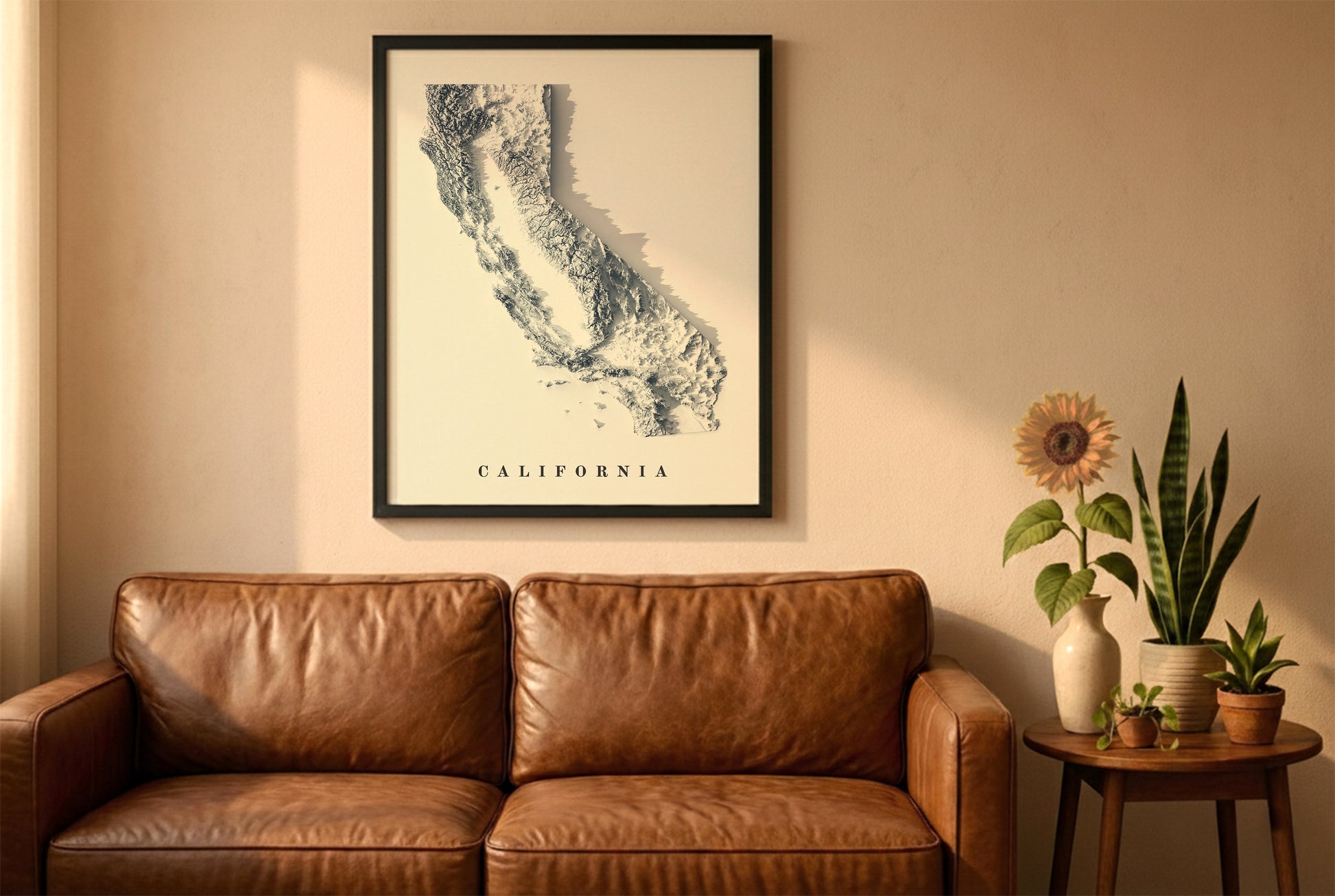 California relief map in a black frame above a brown leather sofa. Boho living room with warm sunlight, sunflower, and indoor plants on a wooden side table