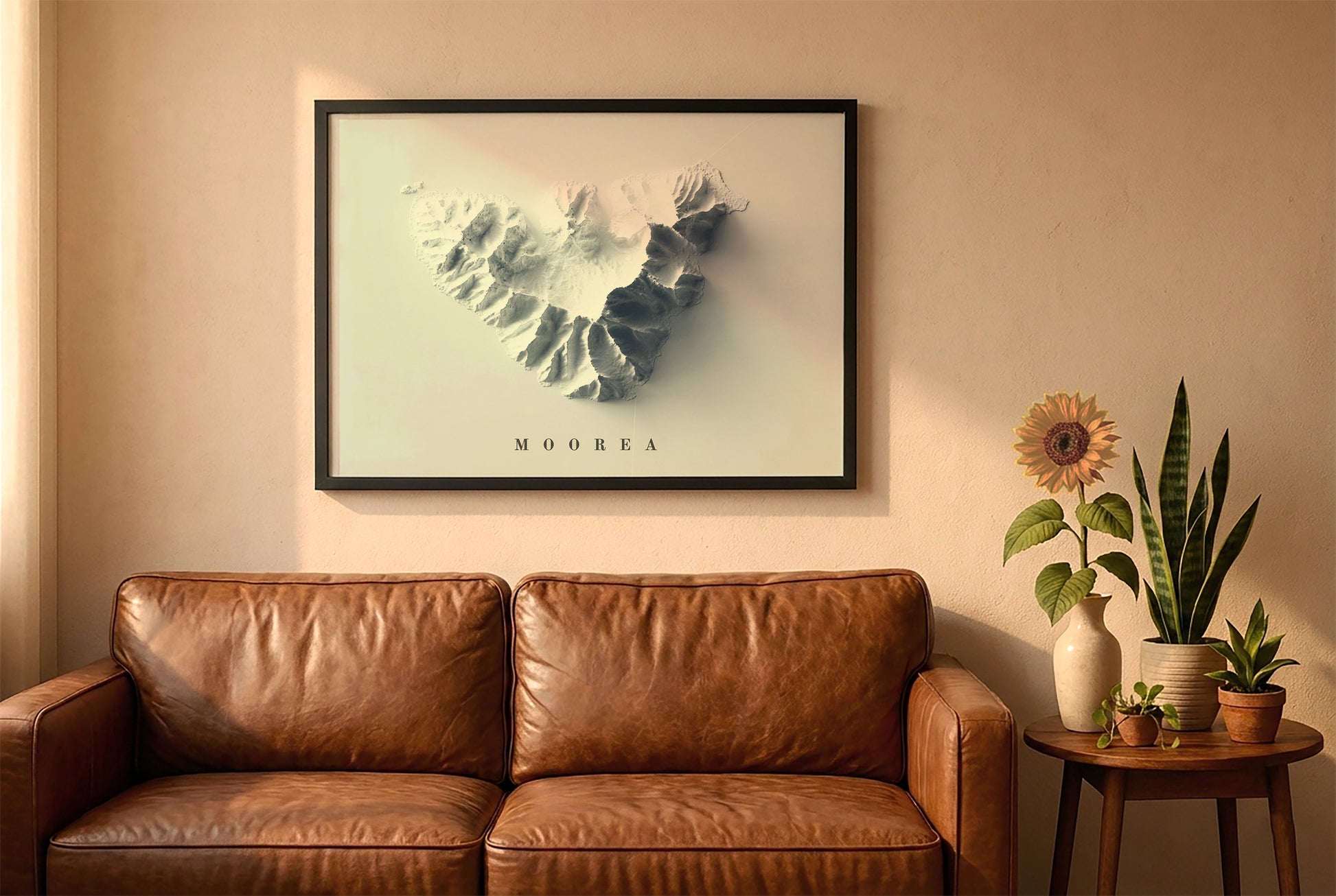 Moorea relief map in a black frame above a brown leather sofa. Boho living room with warm sunlight, sunflower, and indoor plants on a wooden side table