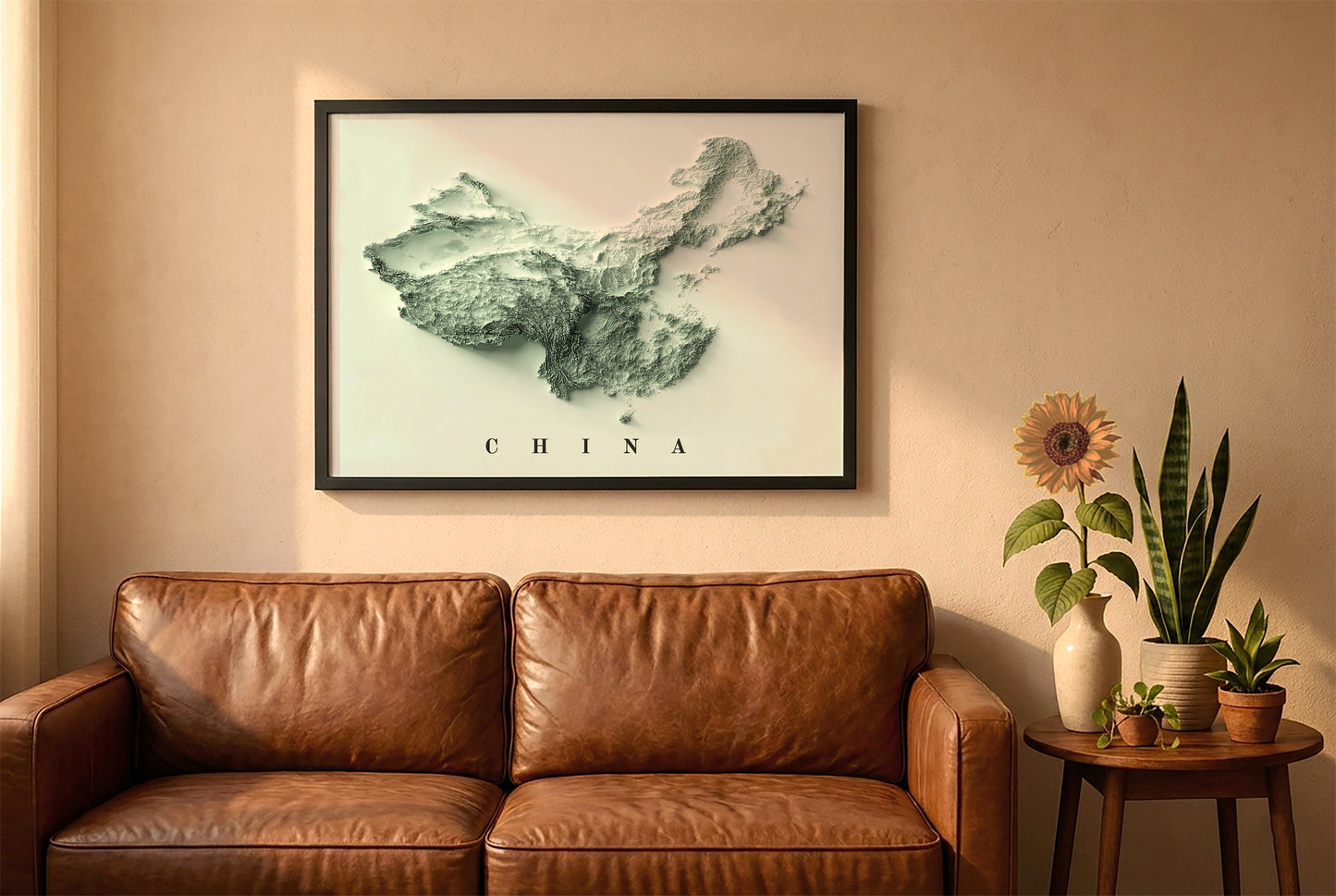 China relief map in a black frame above a brown leather sofa. Boho living room with warm sunlight, sunflower, and indoor plants on a wooden side table
