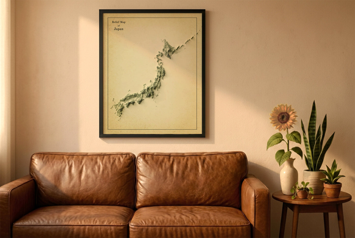 Japan vintage relief map in a black frame above a brown leather sofa. Boho living room with warm sunlight, sunflower, and indoor plants on a wooden side table